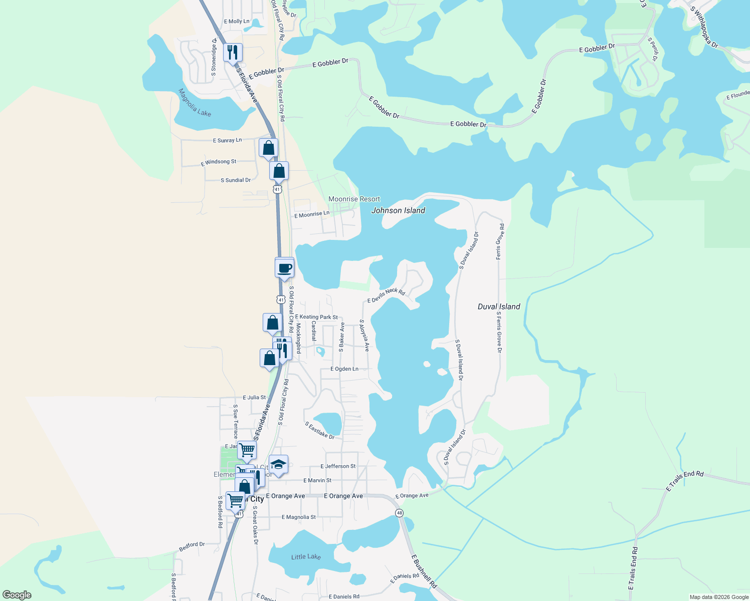 map of restaurants, bars, coffee shops, grocery stores, and more near 8968 East Devils Neck Road in Floral City