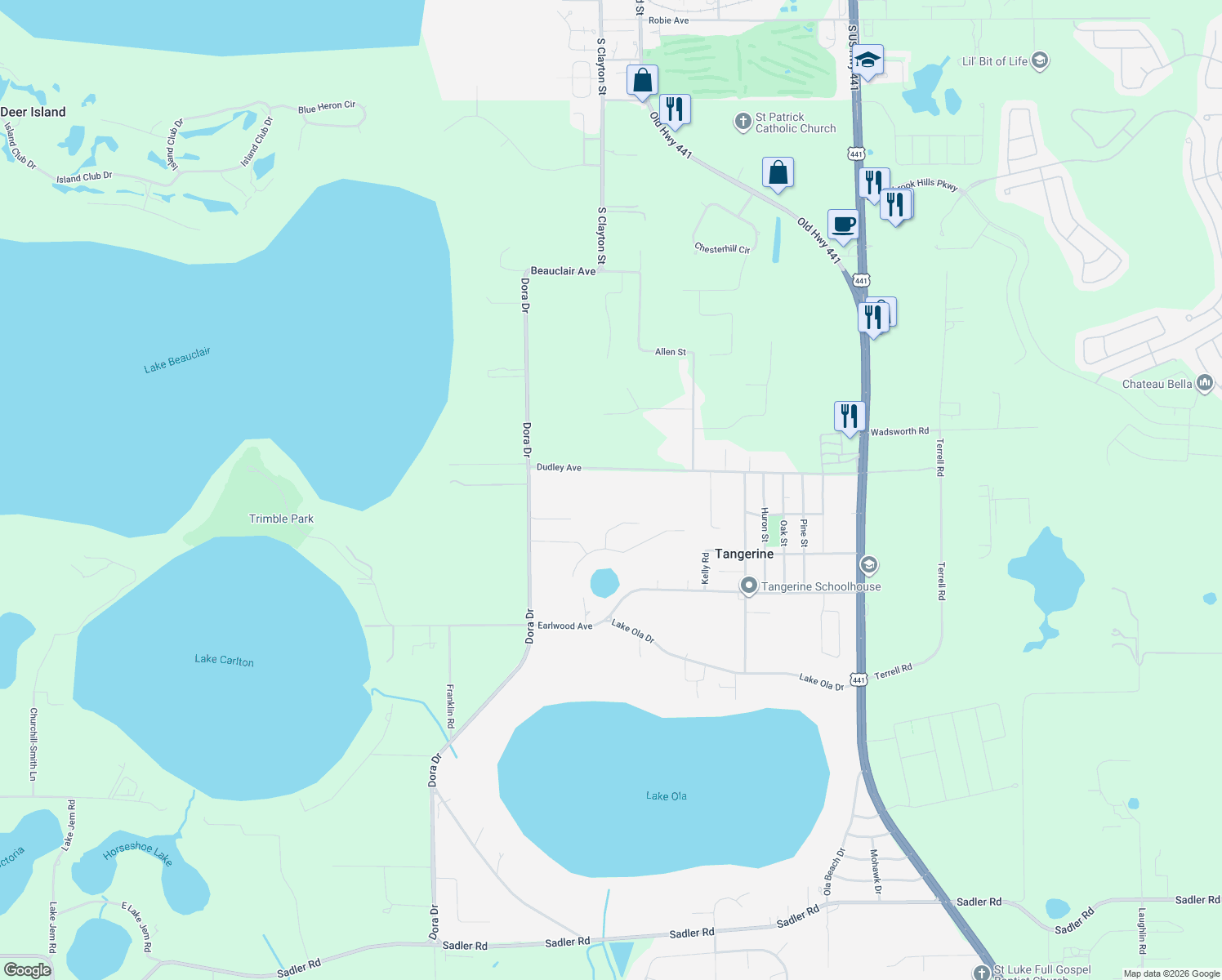 map of restaurants, bars, coffee shops, grocery stores, and more near 7788 Dudley Avenue in Mount Dora