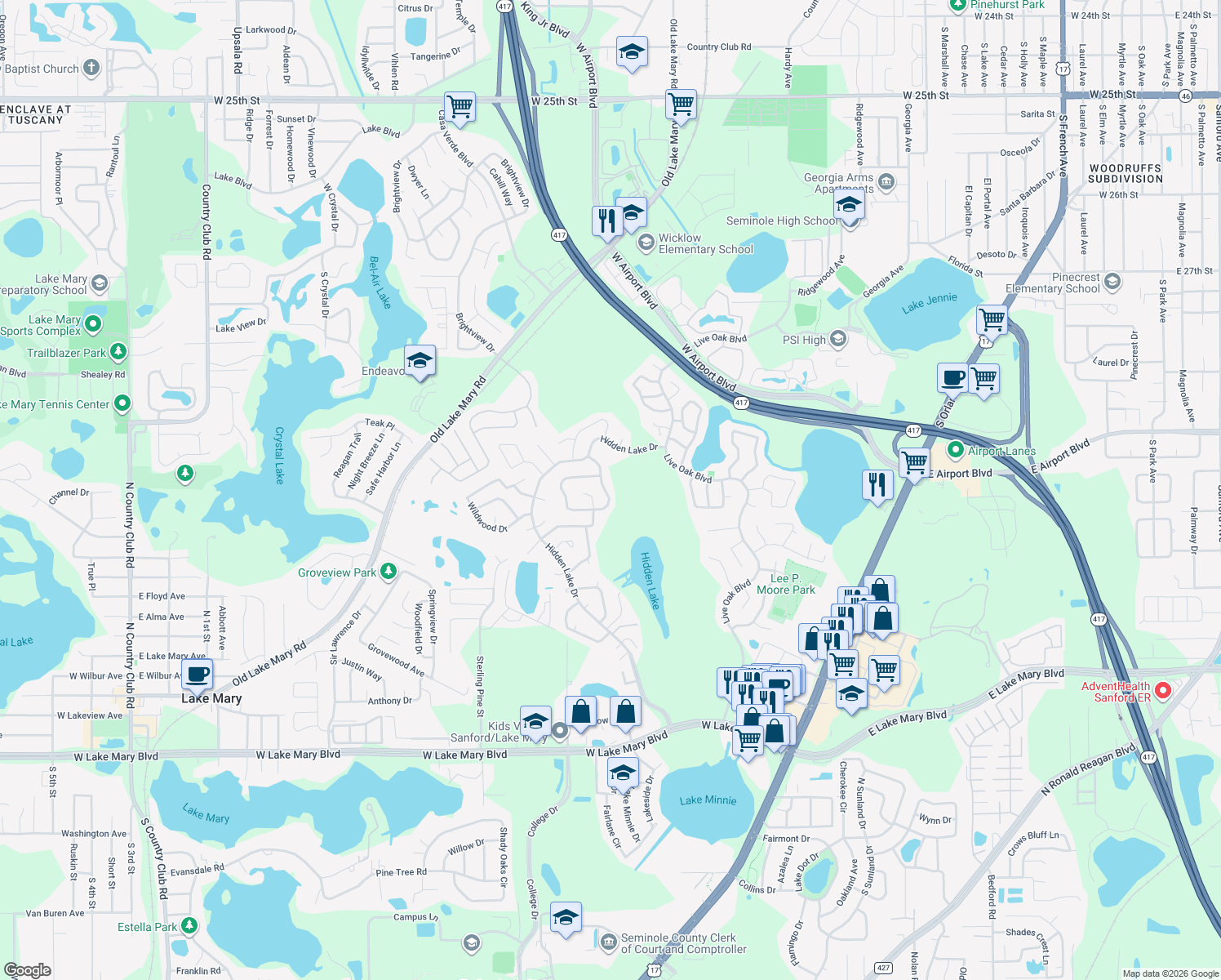 map of restaurants, bars, coffee shops, grocery stores, and more near 115 Borada Road in Sanford