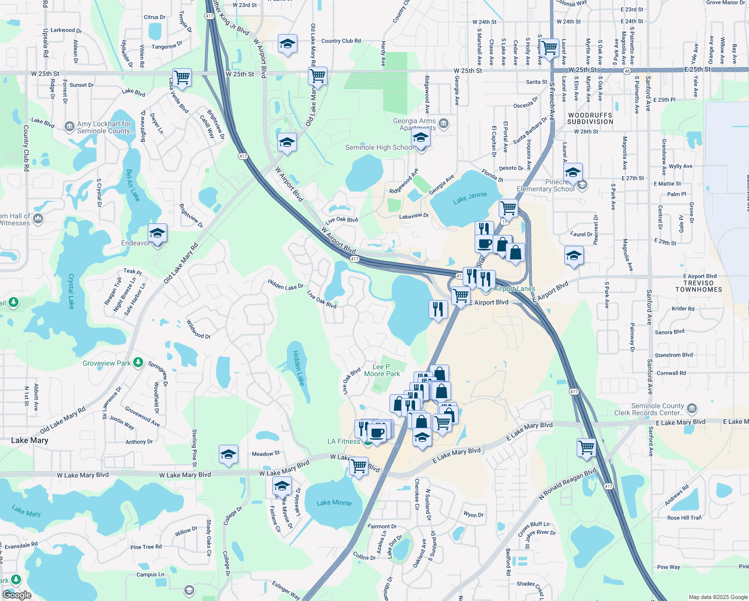 map of restaurants, bars, coffee shops, grocery stores, and more near 186 Edgewater Circle in Sanford