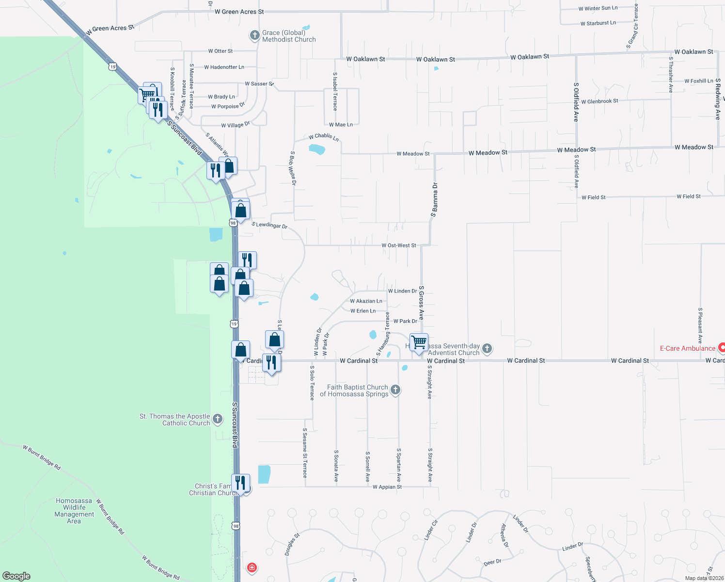 map of restaurants, bars, coffee shops, grocery stores, and more near 6540 West Linden Drive in Homosassa
