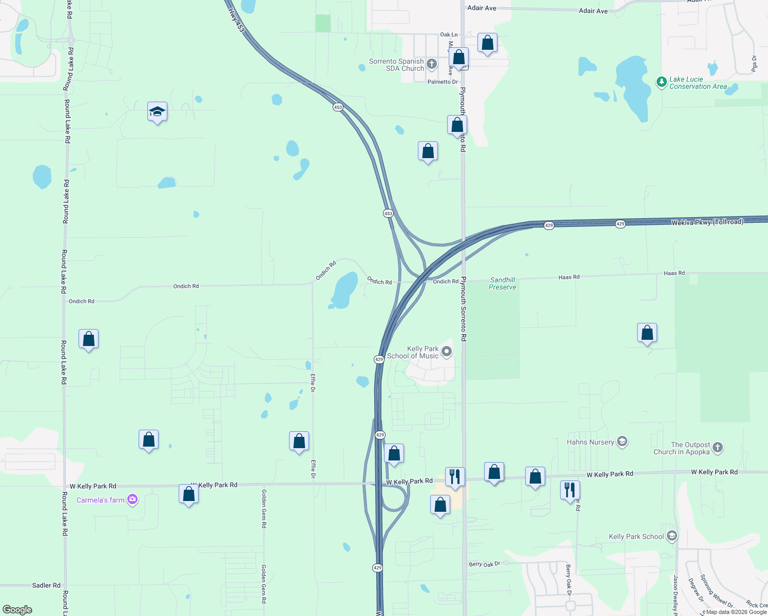map of restaurants, bars, coffee shops, grocery stores, and more near 3404 Ondich Road in Apopka