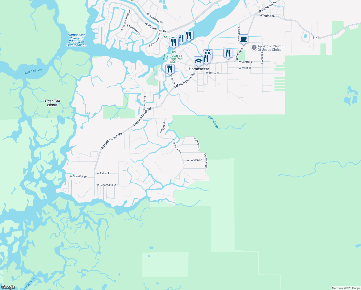 map of restaurants, bars, coffee shops, grocery stores, and more near 6300 South Banyon Drive in Homosassa