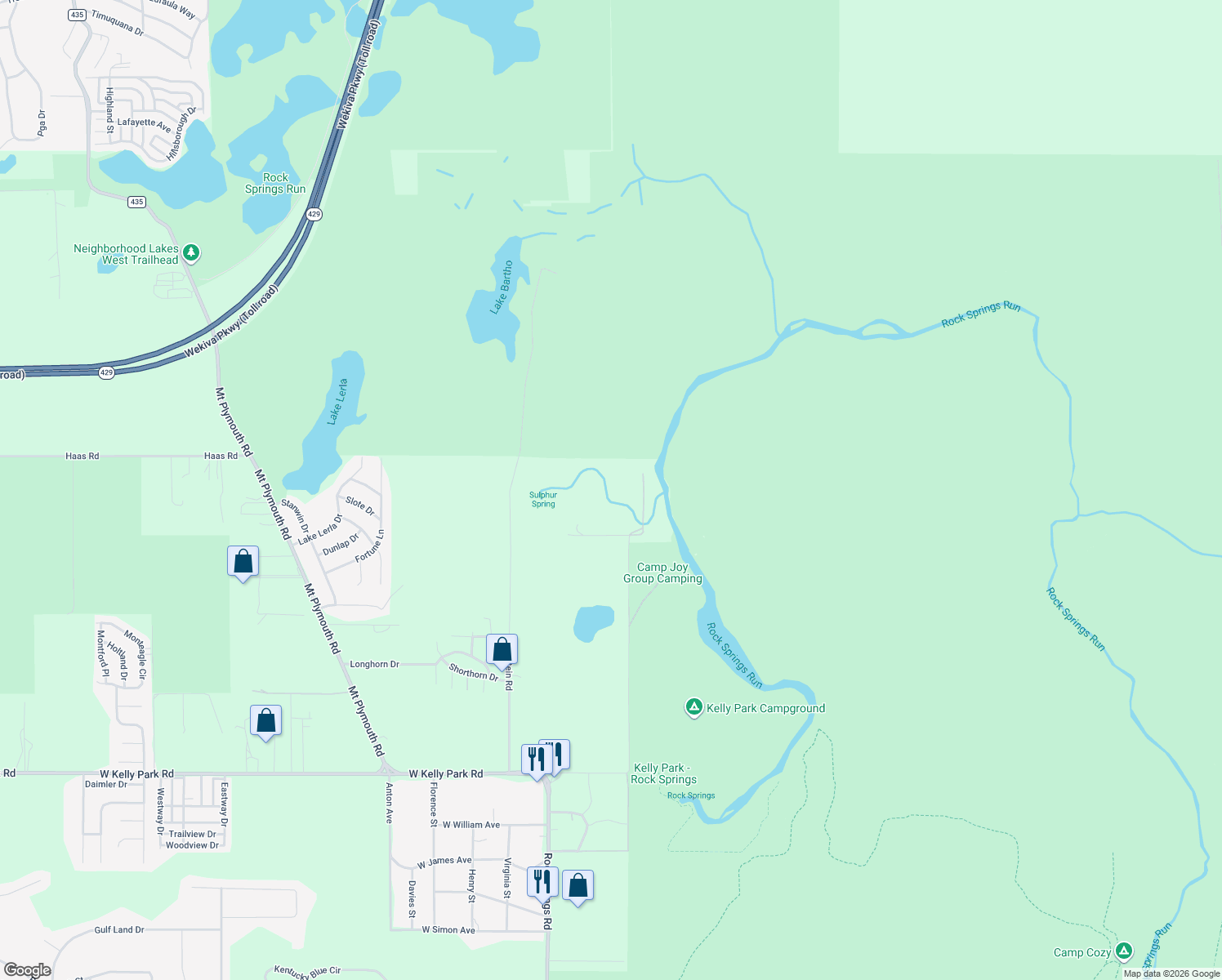 map of restaurants, bars, coffee shops, grocery stores, and more near 5734 Baptist Camp Road in Apopka
