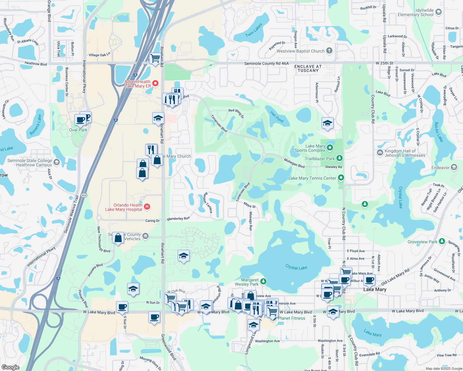 map of restaurants, bars, coffee shops, grocery stores, and more near 493 Flora Creek Court in Lake Mary