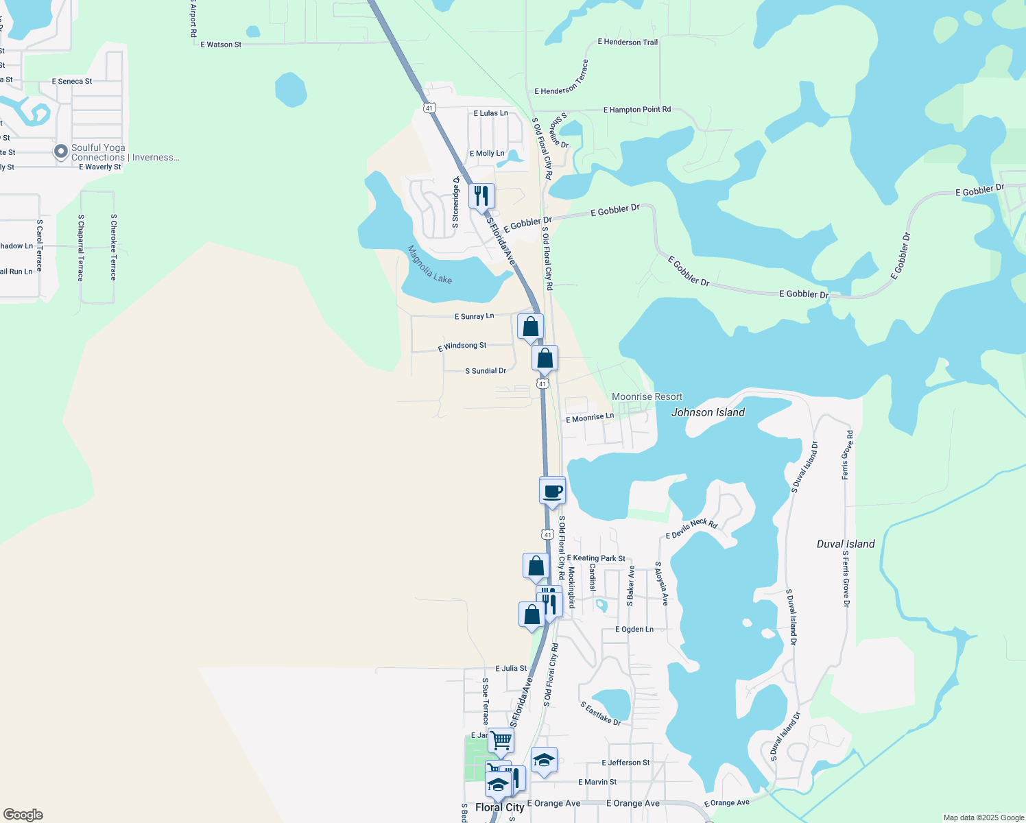 map of restaurants, bars, coffee shops, grocery stores, and more near 8344 East Rosko Court in Floral City