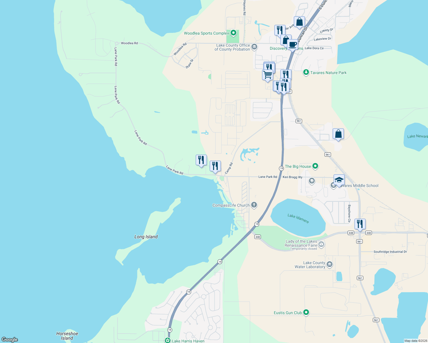 map of restaurants, bars, coffee shops, grocery stores, and more near 11911 Lane Park Road in Tavares