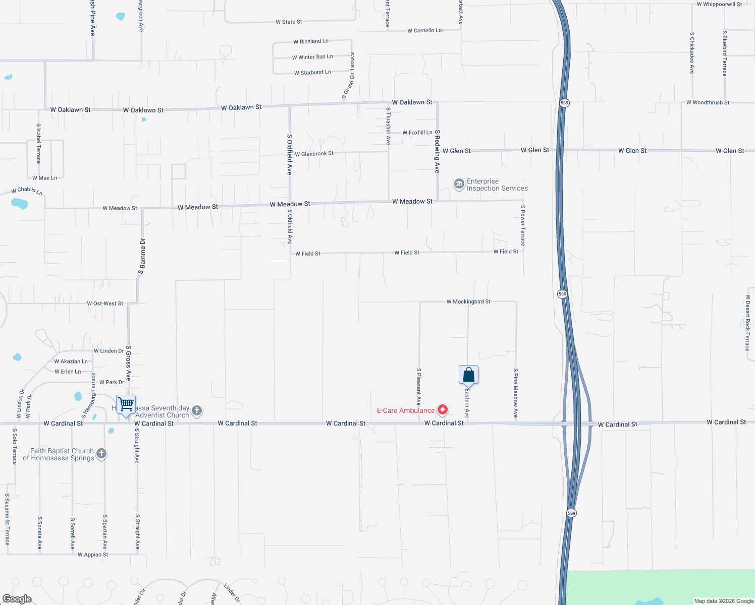 map of restaurants, bars, coffee shops, grocery stores, and more near 4950 West Mockingbird Street in Homosassa