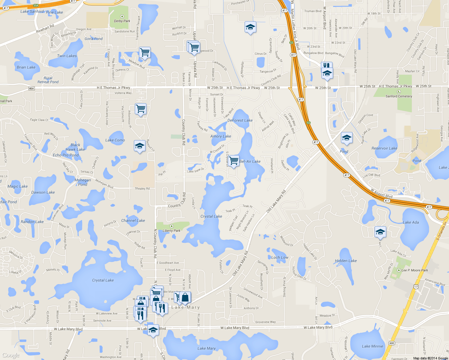 map of restaurants, bars, coffee shops, grocery stores, and more near 240 South Crystal Drive in Sanford