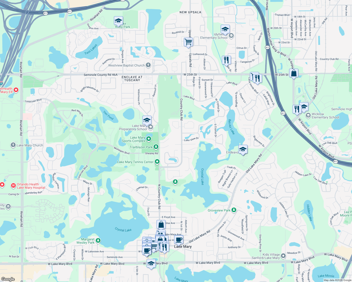 map of restaurants, bars, coffee shops, grocery stores, and more near 900 Country Club Road in Sanford
