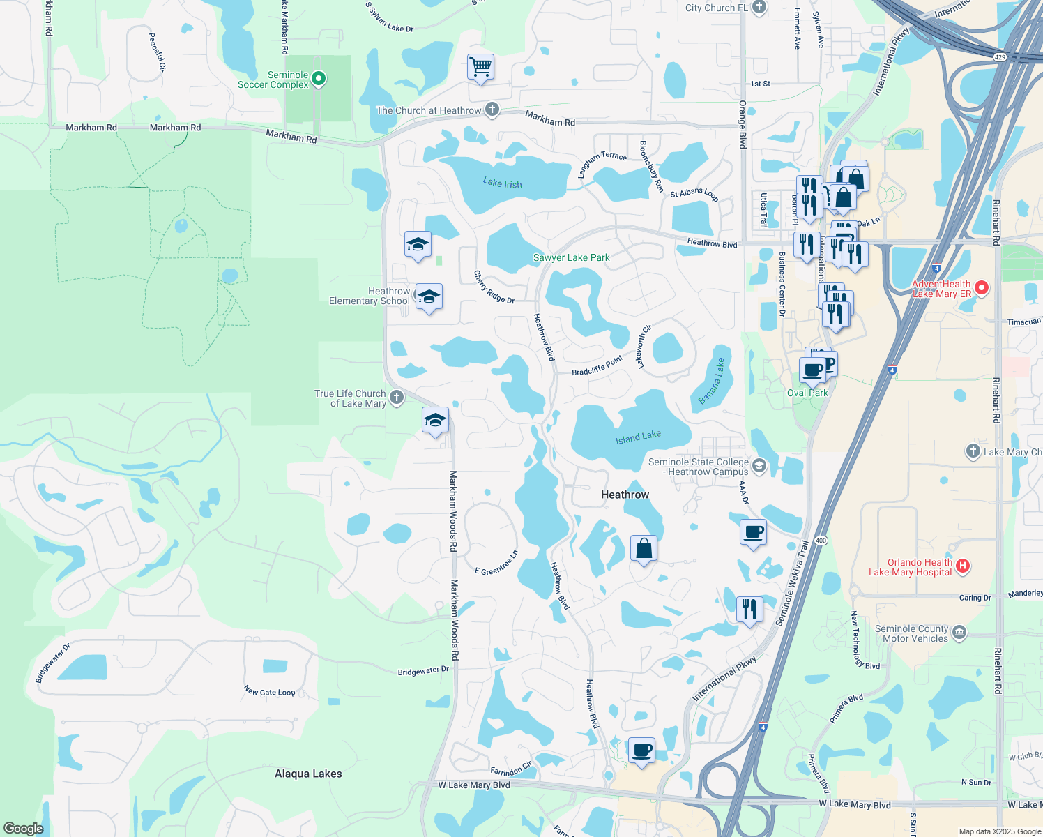 map of restaurants, bars, coffee shops, grocery stores, and more near 700 Stonefield Loop in Lake Mary