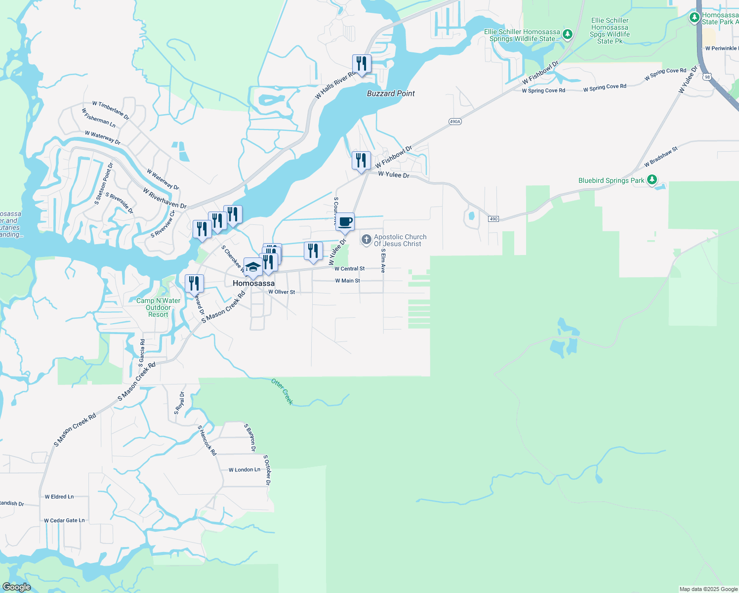 map of restaurants, bars, coffee shops, grocery stores, and more near 10320 West Oliver Street in Homosassa