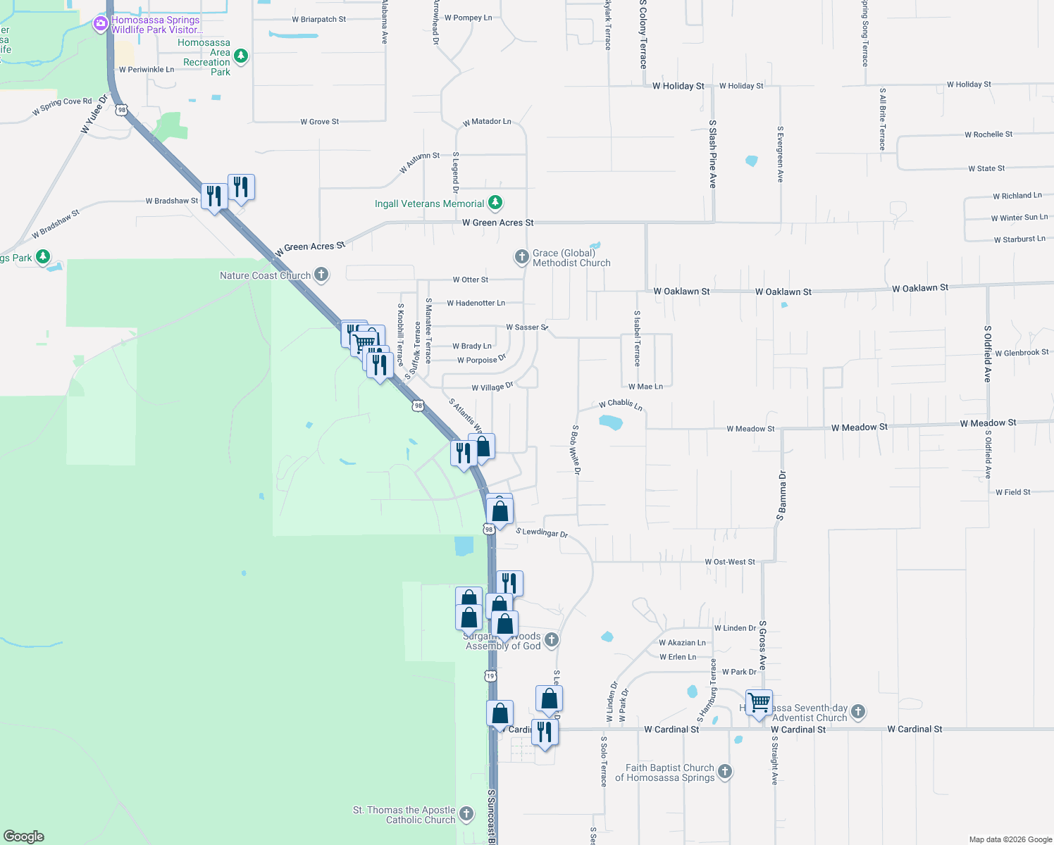 map of restaurants, bars, coffee shops, grocery stores, and more near 5602 South Woodside Terrace in Homosassa