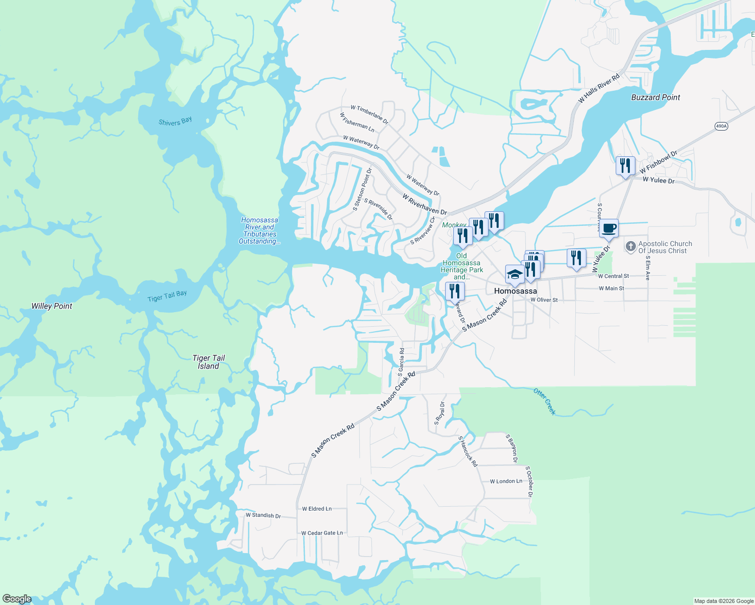 map of restaurants, bars, coffee shops, grocery stores, and more near 5562 South Garcia Road in Homosassa