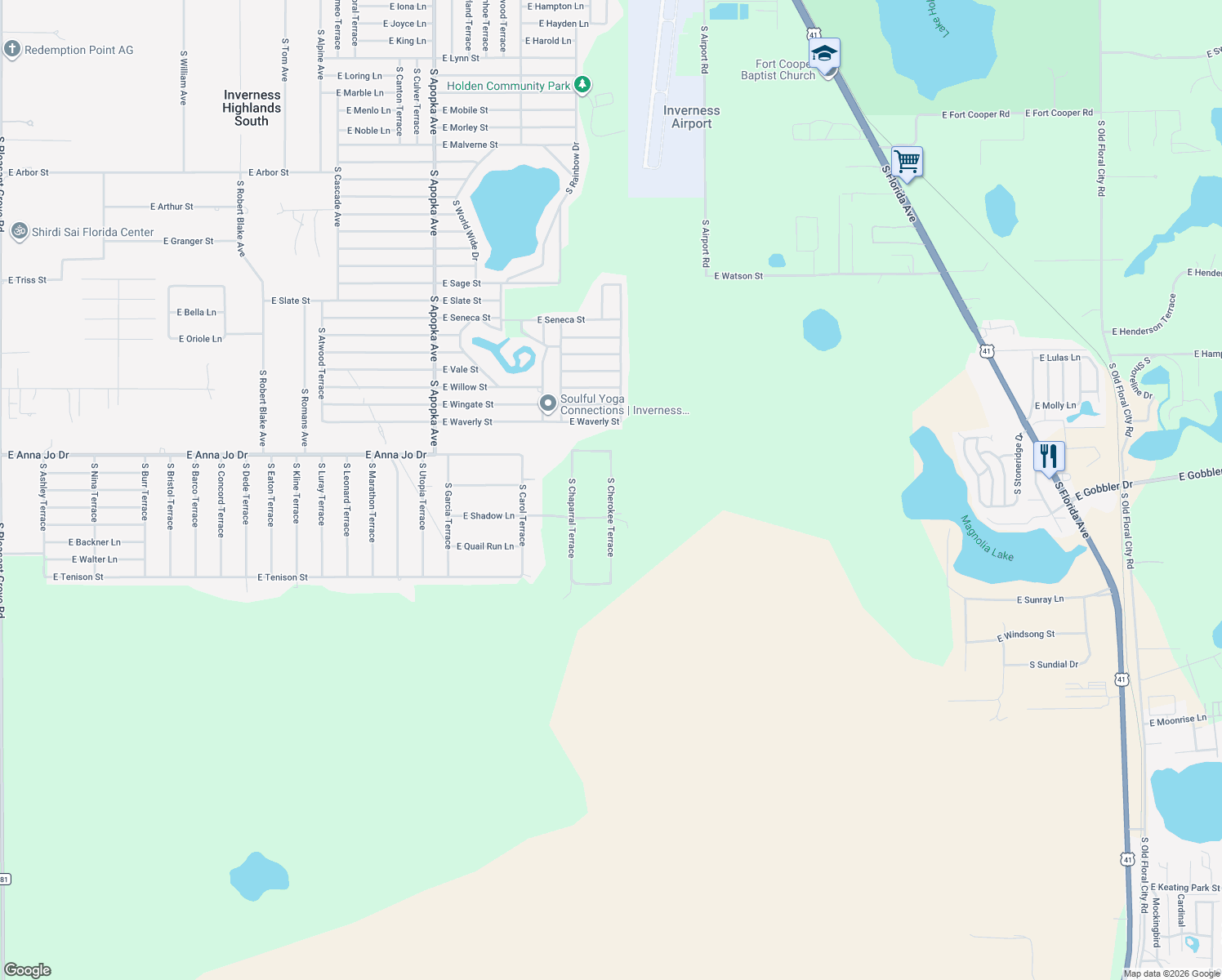 map of restaurants, bars, coffee shops, grocery stores, and more near 5500 South Cherokee Terrace in Inverness