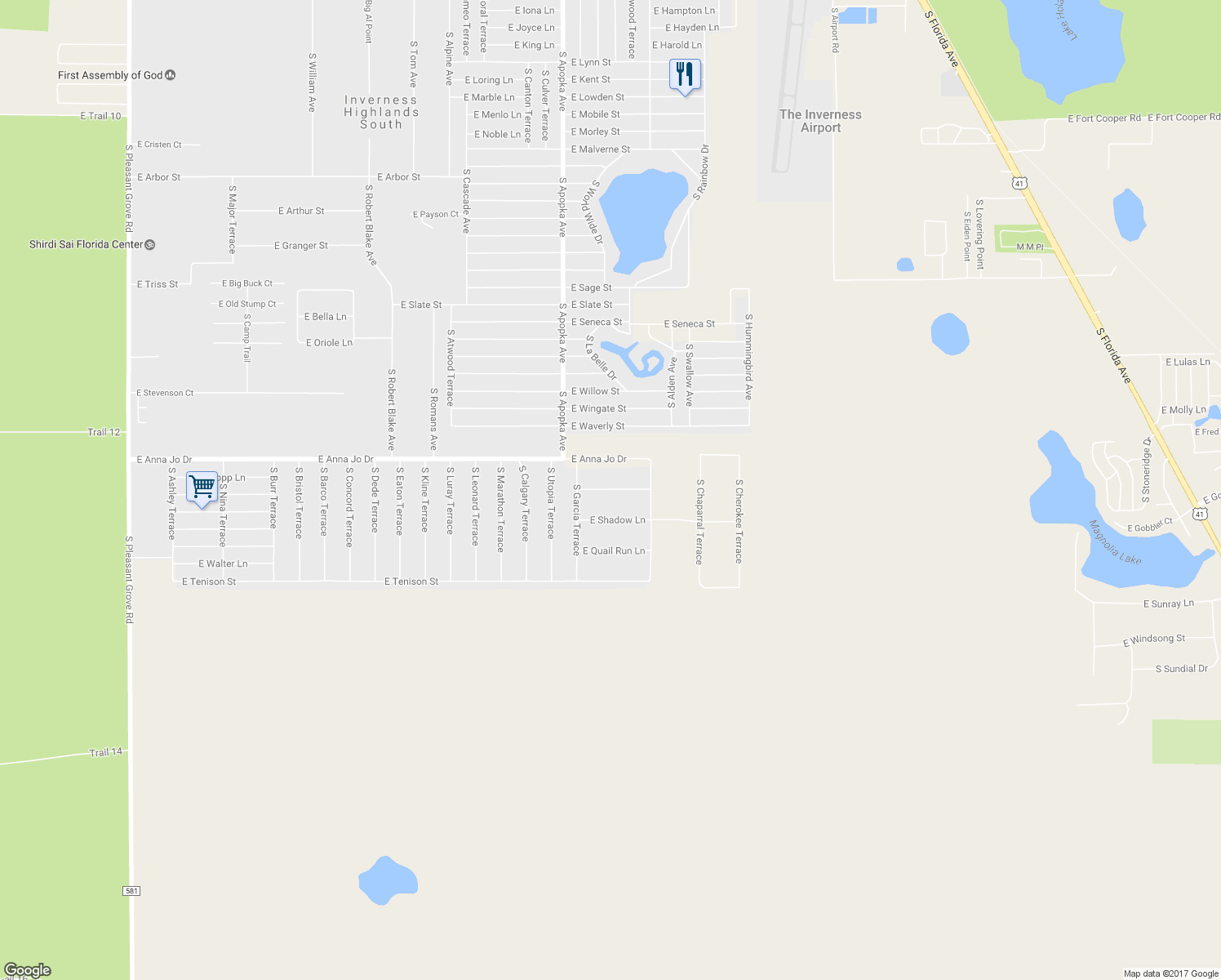 map of restaurants, bars, coffee shops, grocery stores, and more near 6430 East Mockingbird Lane in Inverness