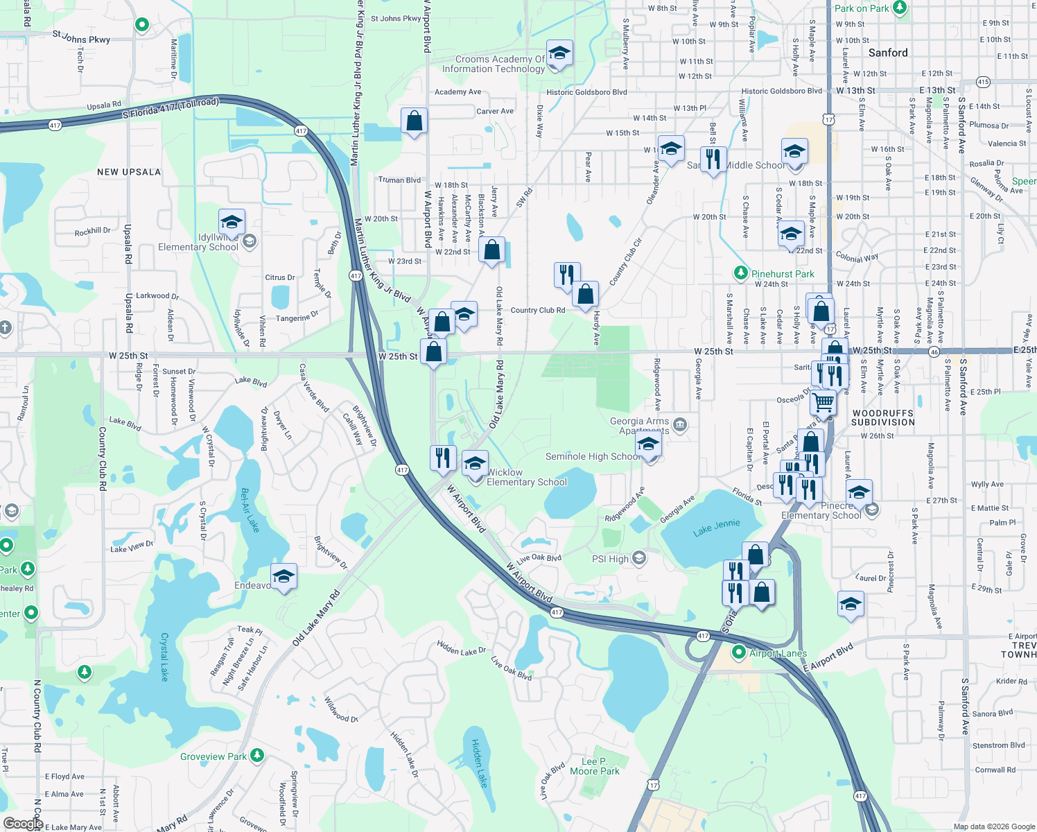 map of restaurants, bars, coffee shops, grocery stores, and more near 128 Gleason Cove in Sanford