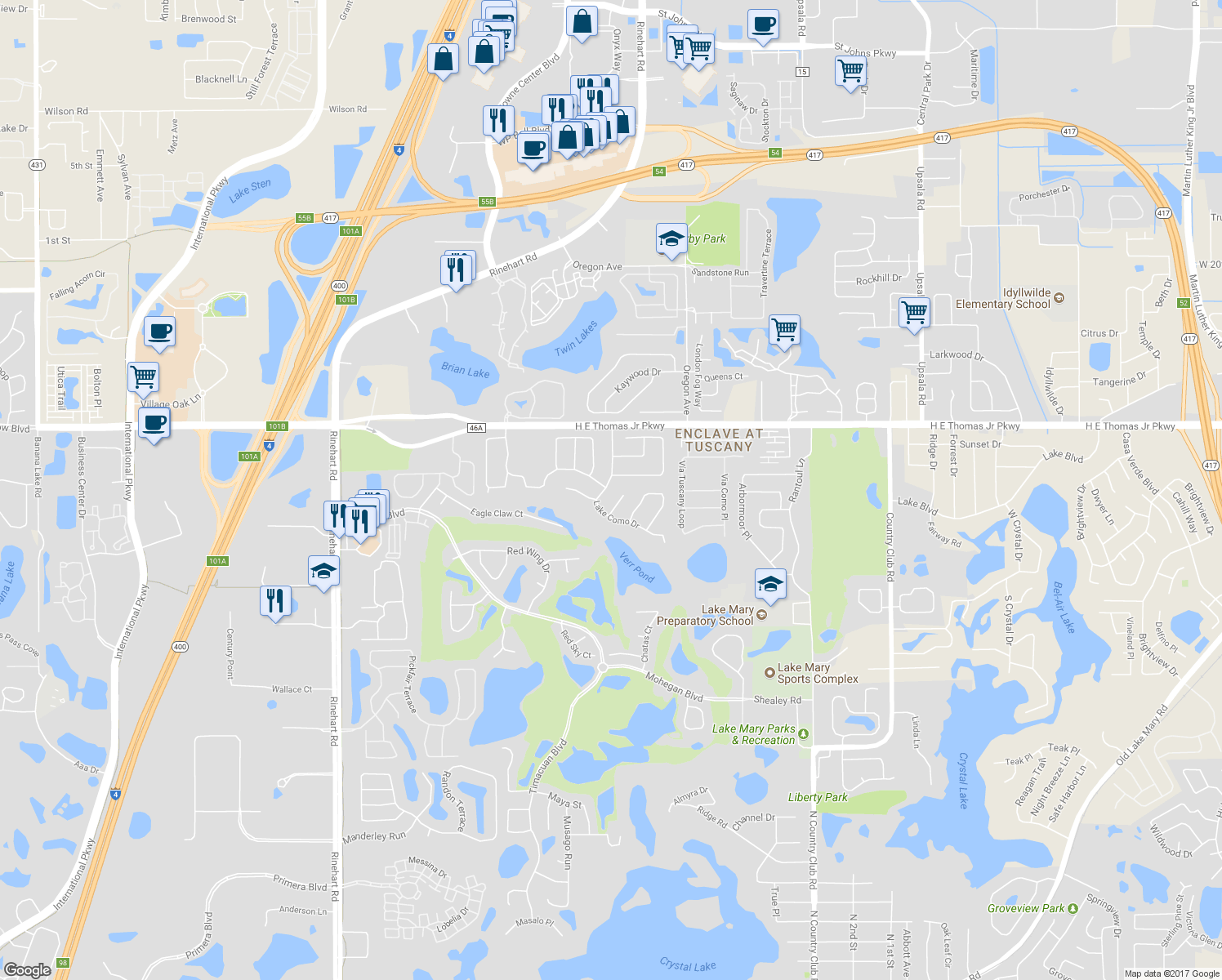 map of restaurants, bars, coffee shops, grocery stores, and more near 811 Lake Como Drive in Lake Mary