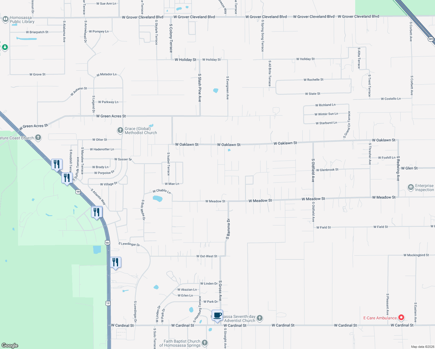 map of restaurants, bars, coffee shops, grocery stores, and more near 5388 South Alice Point in Homosassa