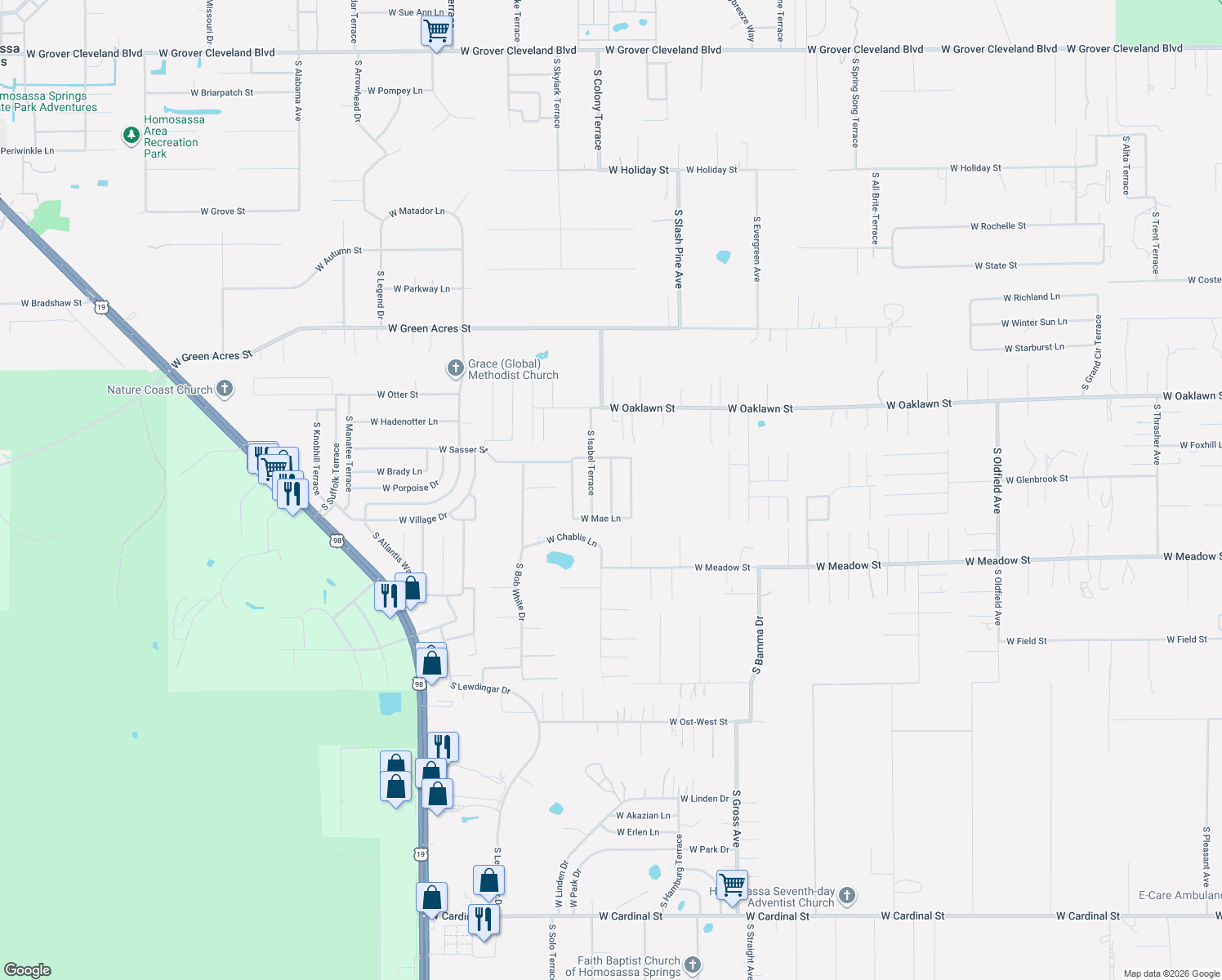 map of restaurants, bars, coffee shops, grocery stores, and more near 5372 South June Terrace in Homosassa