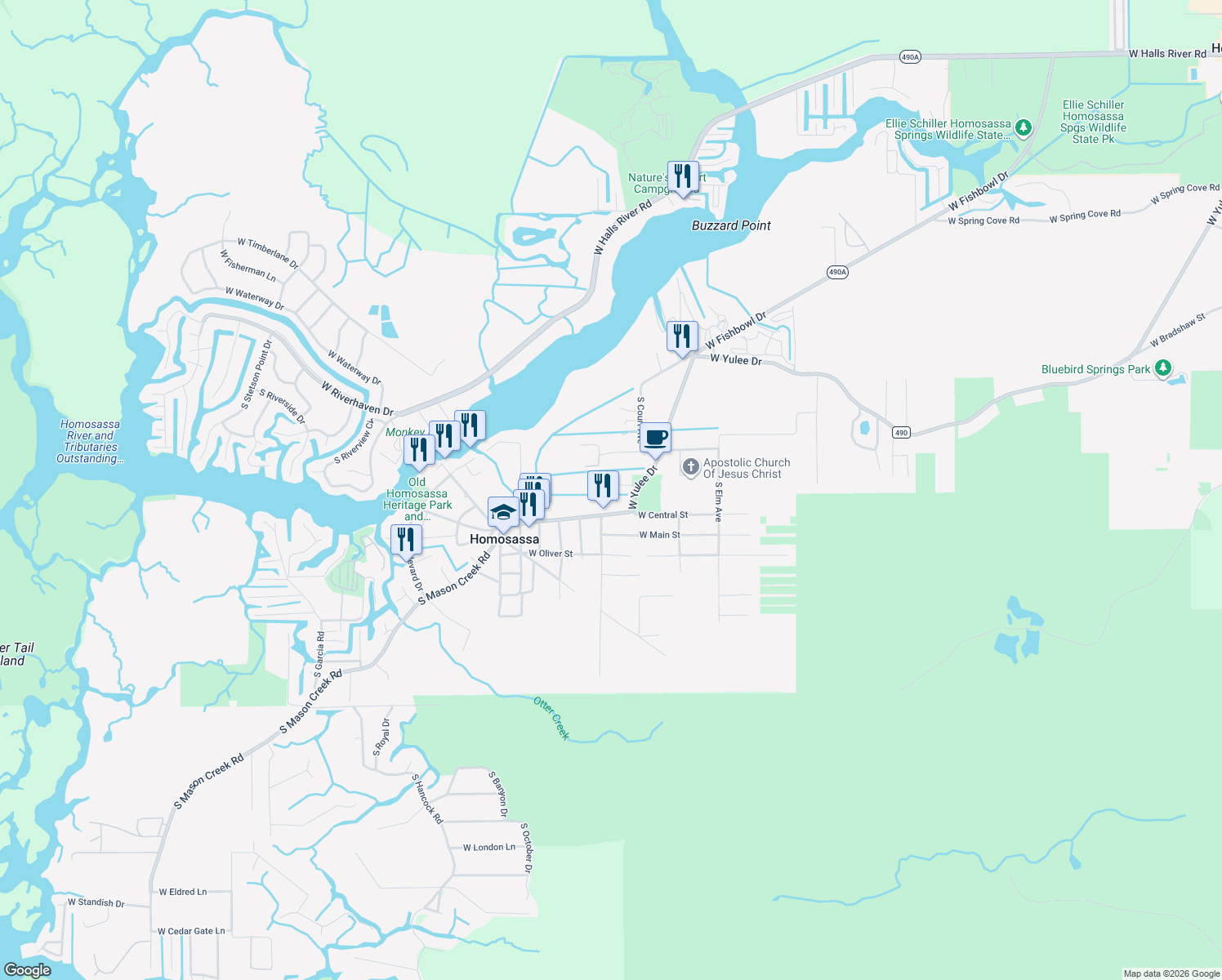 map of restaurants, bars, coffee shops, grocery stores, and more near 10586 West Bresler Court in Homosassa