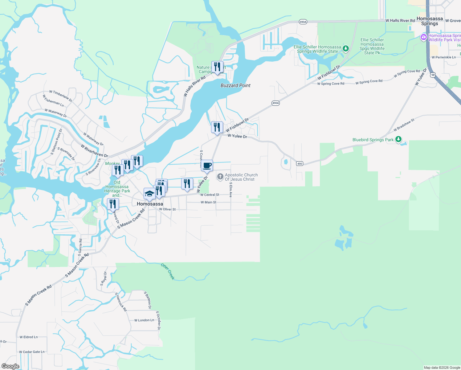 map of restaurants, bars, coffee shops, grocery stores, and more near 5360 South Elm Avenue in Homosassa