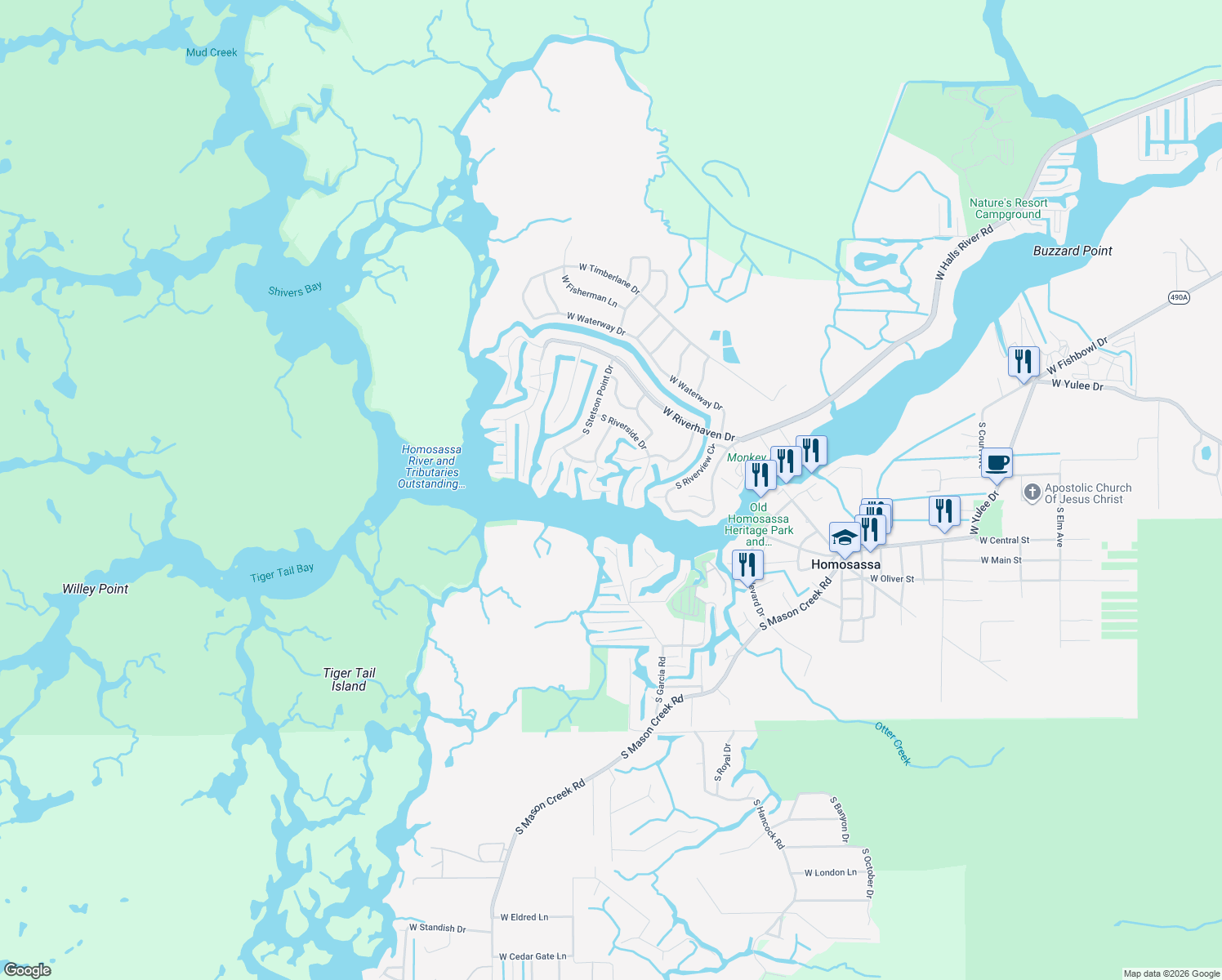 map of restaurants, bars, coffee shops, grocery stores, and more near 5311 South Running Brook Drive in Homosassa
