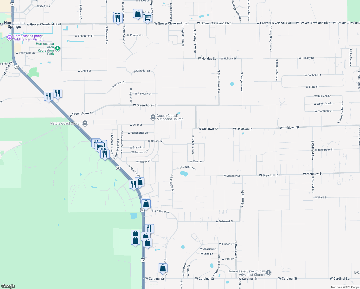 map of restaurants, bars, coffee shops, grocery stores, and more near 6811 West Sasser Street in Homosassa
