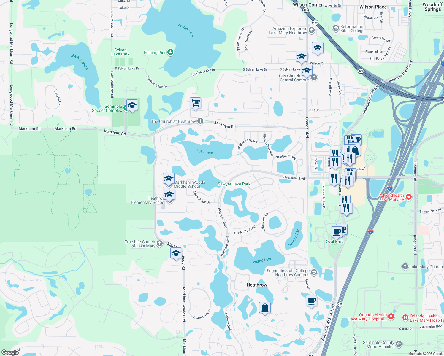 map of restaurants, bars, coffee shops, grocery stores, and more near 1733 Kersley Circle in Heathrow