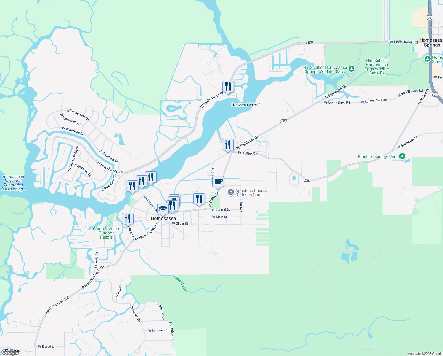 map of restaurants, bars, coffee shops, grocery stores, and more near 10401 West Yulee Drive in Homosassa