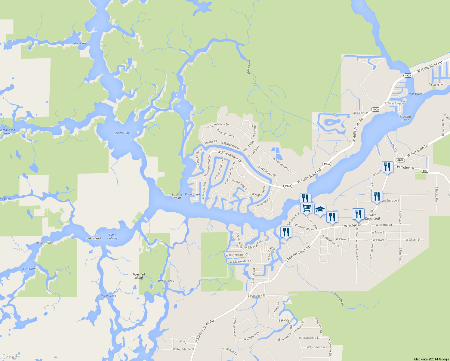 map of restaurants, bars, coffee shops, grocery stores, and more near 5090 South Stetson Point Drive in Homosassa