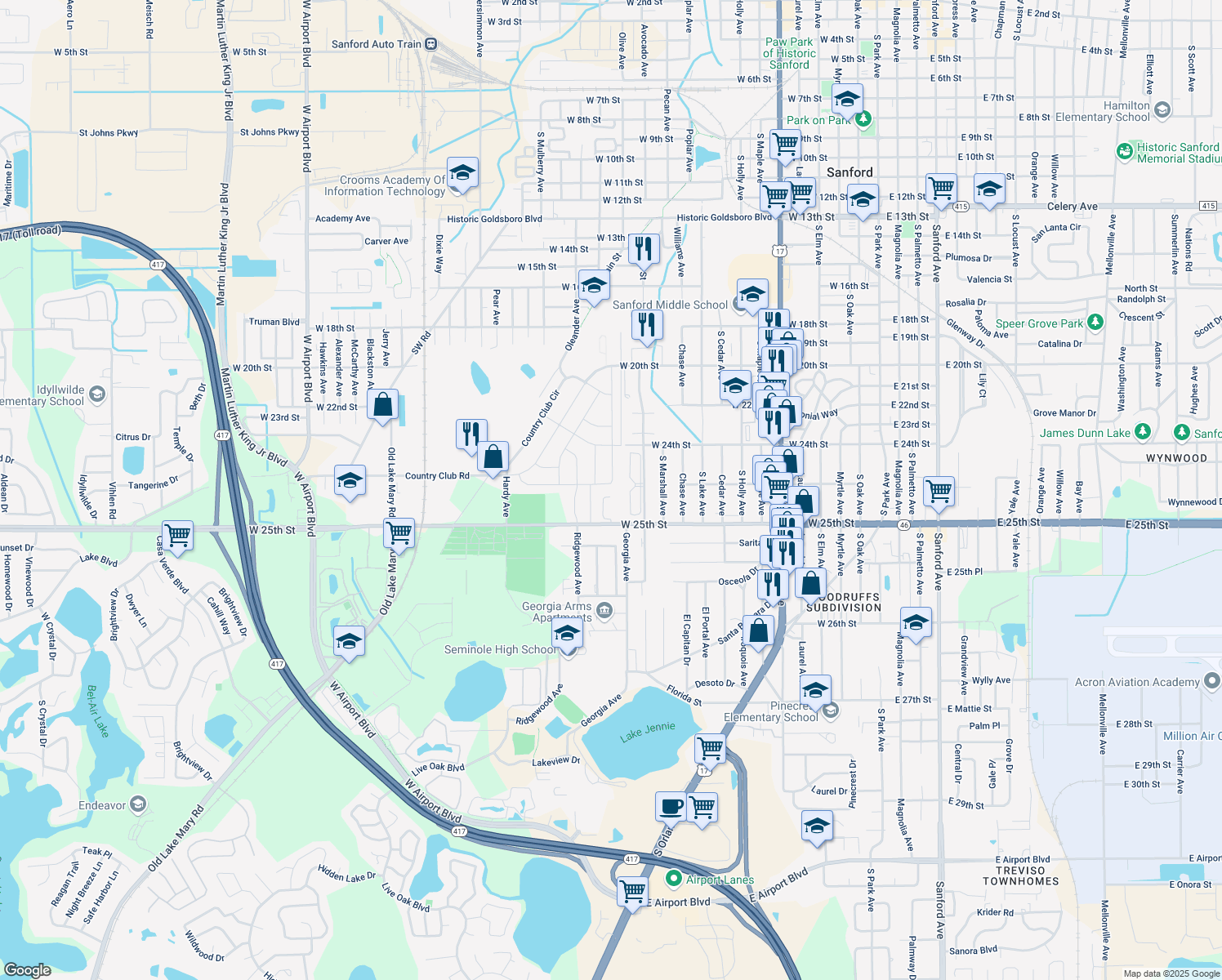 map of restaurants, bars, coffee shops, grocery stores, and more near 145 Mayfair Circle in Sanford