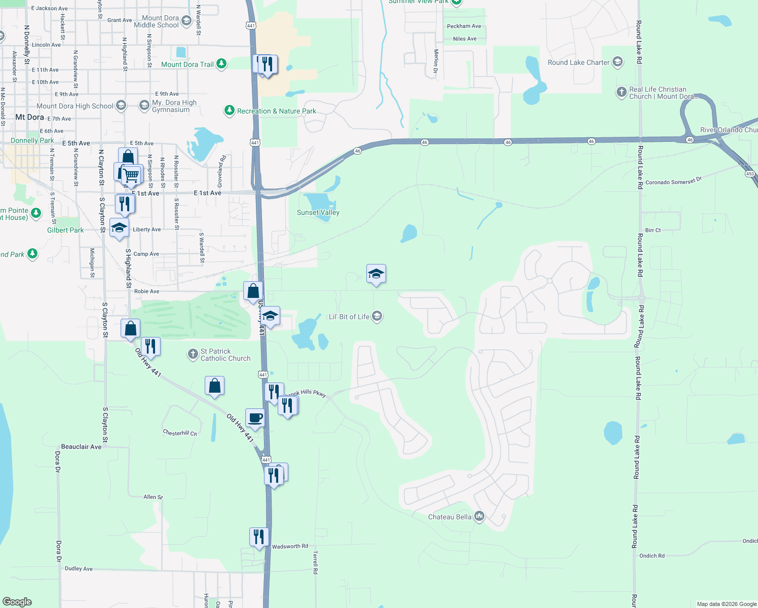 map of restaurants, bars, coffee shops, grocery stores, and more near 2904 Robie Avenue in Mount Dora