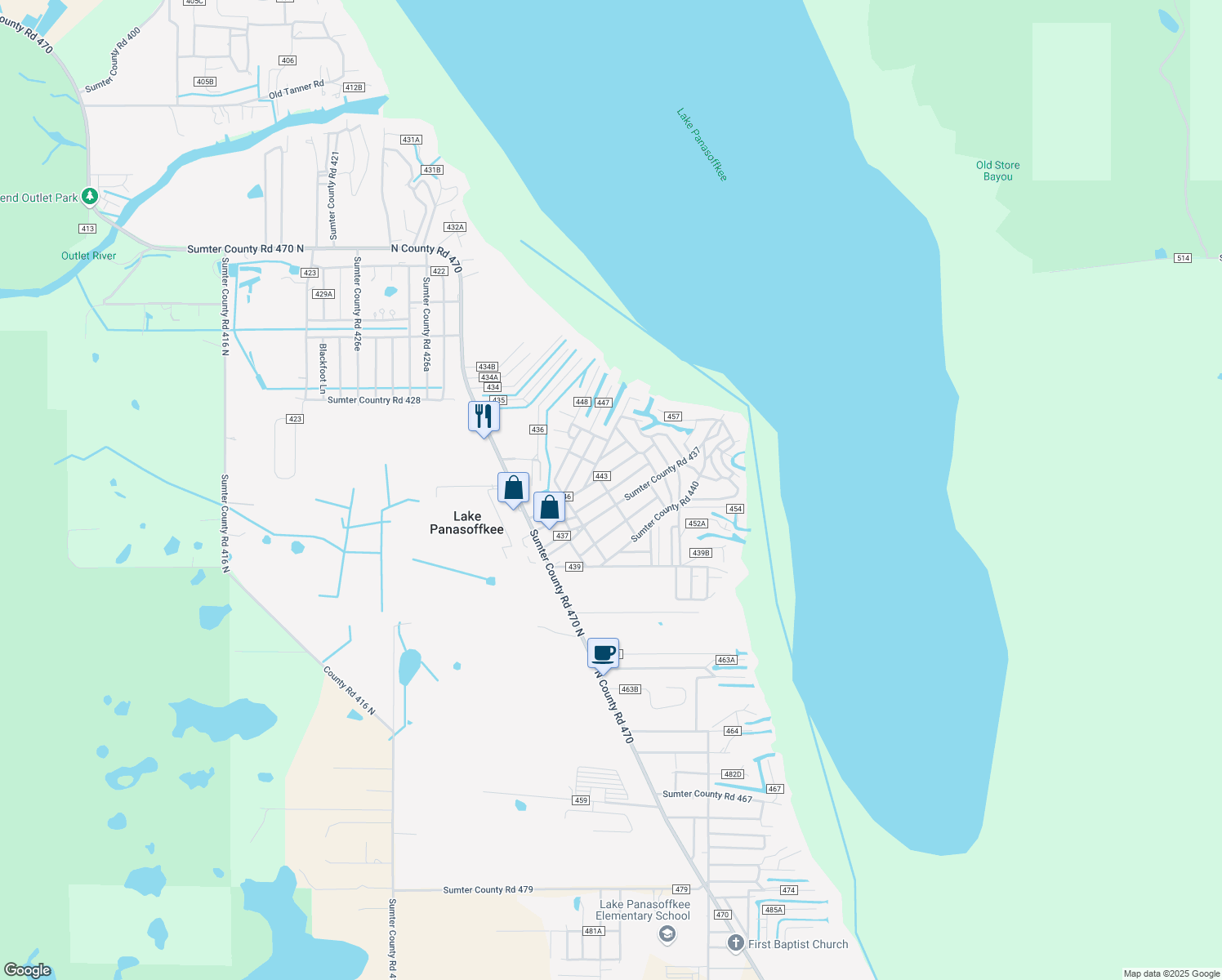 map of restaurants, bars, coffee shops, grocery stores, and more near County Road 442 in Lake Panasoffkee