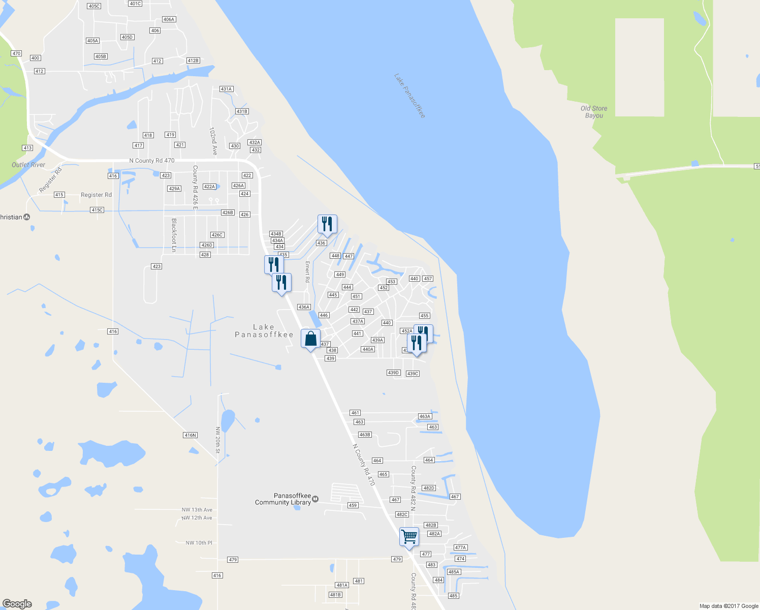 map of restaurants, bars, coffee shops, grocery stores, and more near 1105 County Road 437 in Lake Panasoffkee