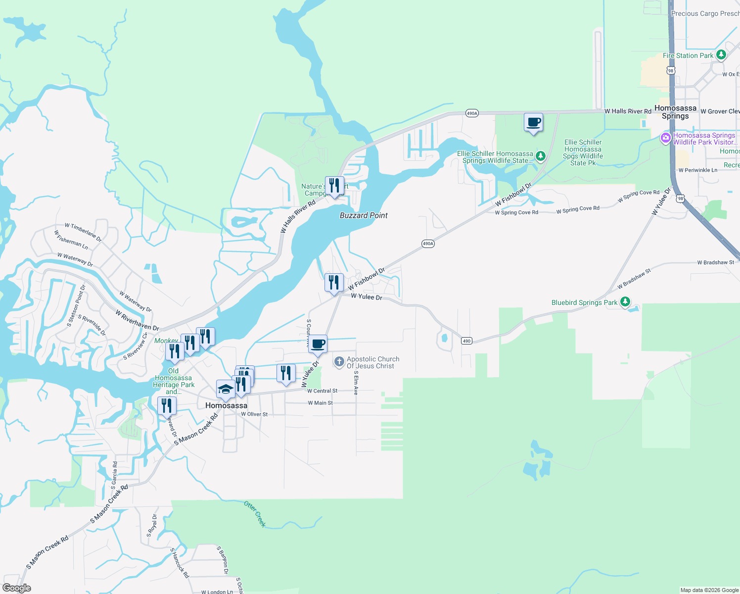 map of restaurants, bars, coffee shops, grocery stores, and more near 10170 West Yulee Drive in Homosassa