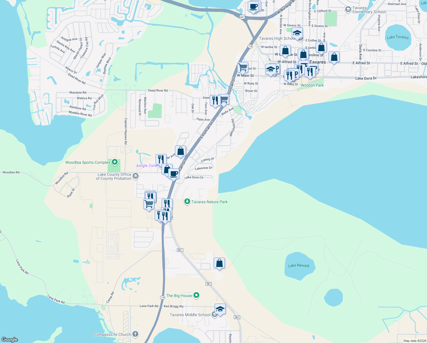 map of restaurants, bars, coffee shops, grocery stores, and more near 1323 Basin Street in Tavares