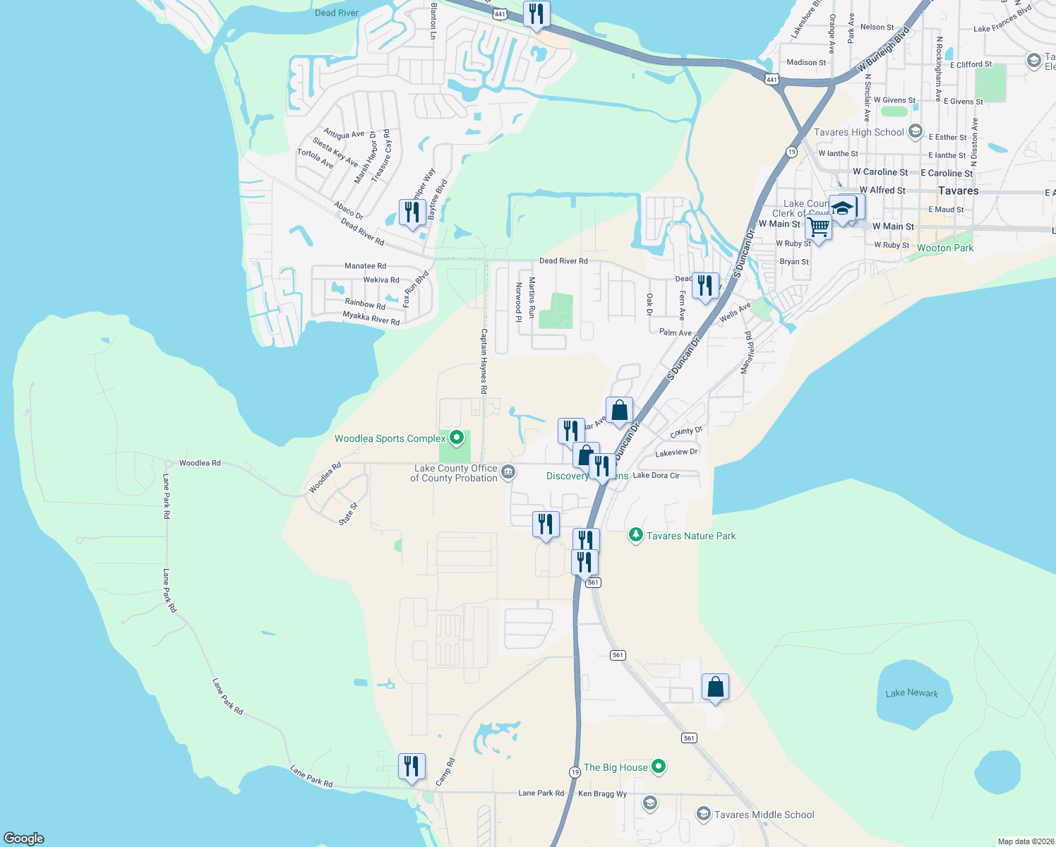 map of restaurants, bars, coffee shops, grocery stores, and more near 12301 Woodlea Road in Tavares