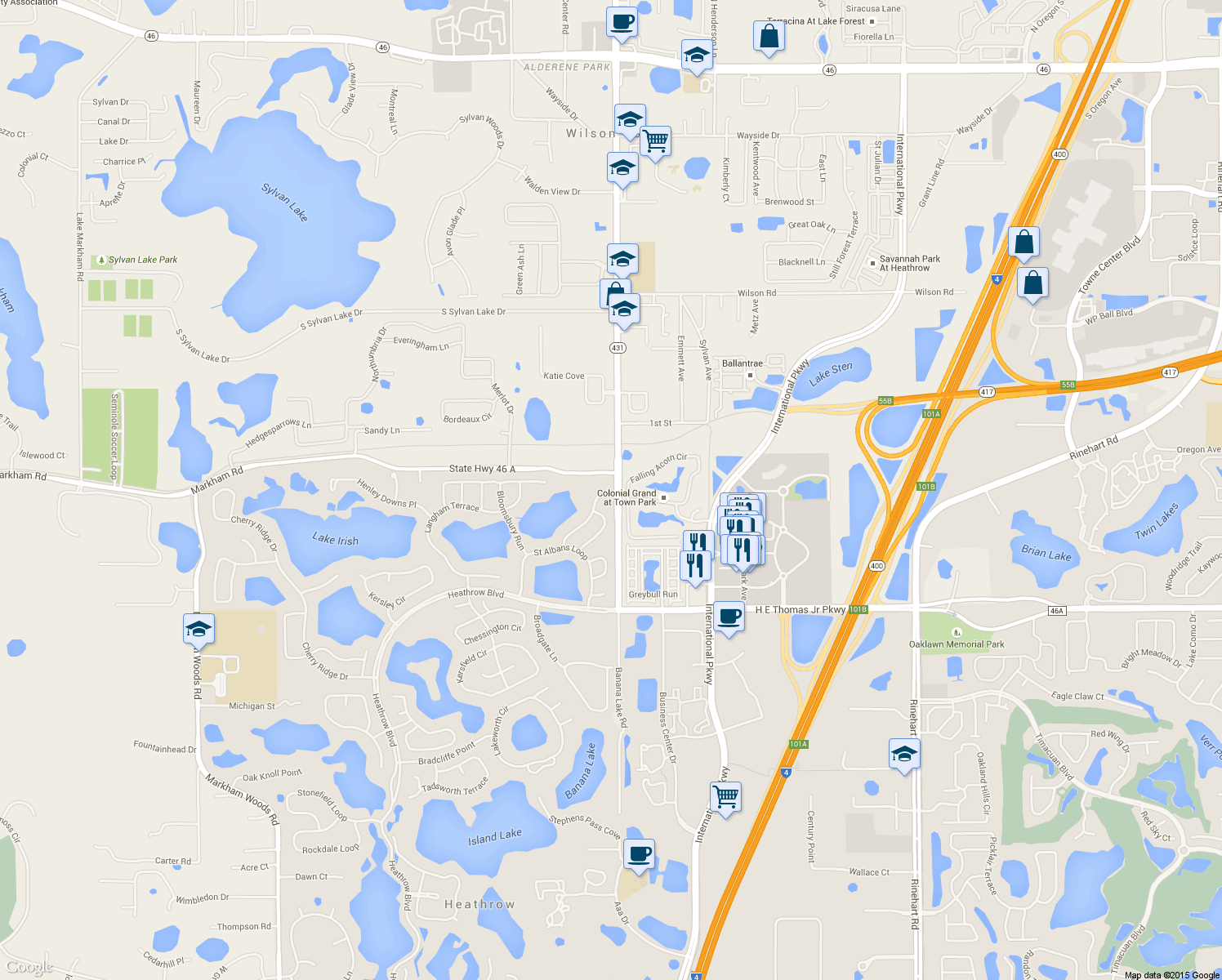 map of restaurants, bars, coffee shops, grocery stores, and more near 1165 Chantry Place in Lake Mary