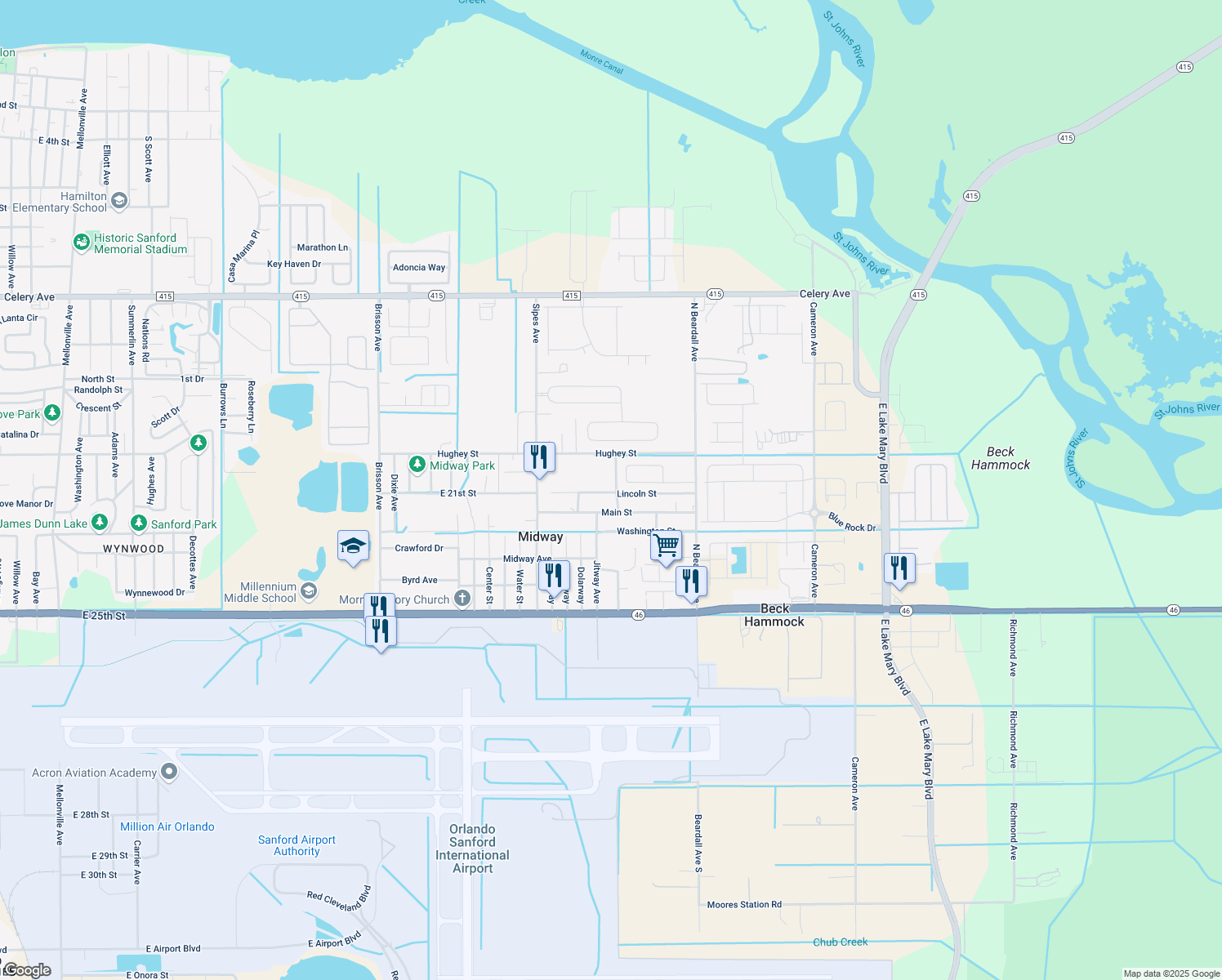 map of restaurants, bars, coffee shops, grocery stores, and more near 2250 Deepwater Avenue in Sanford