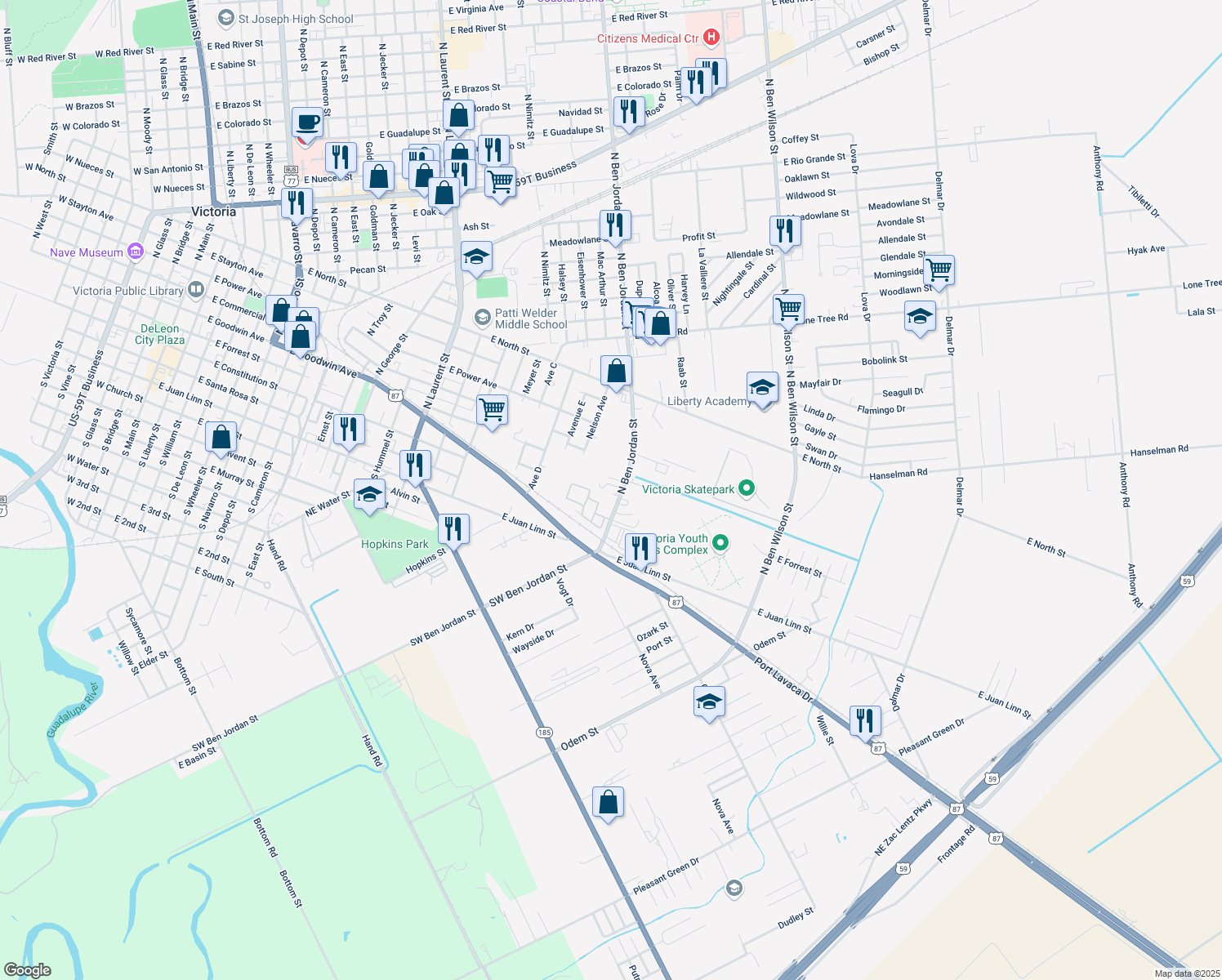 map of restaurants, bars, coffee shops, grocery stores, and more near 103 North Ben Jordan Street in Victoria