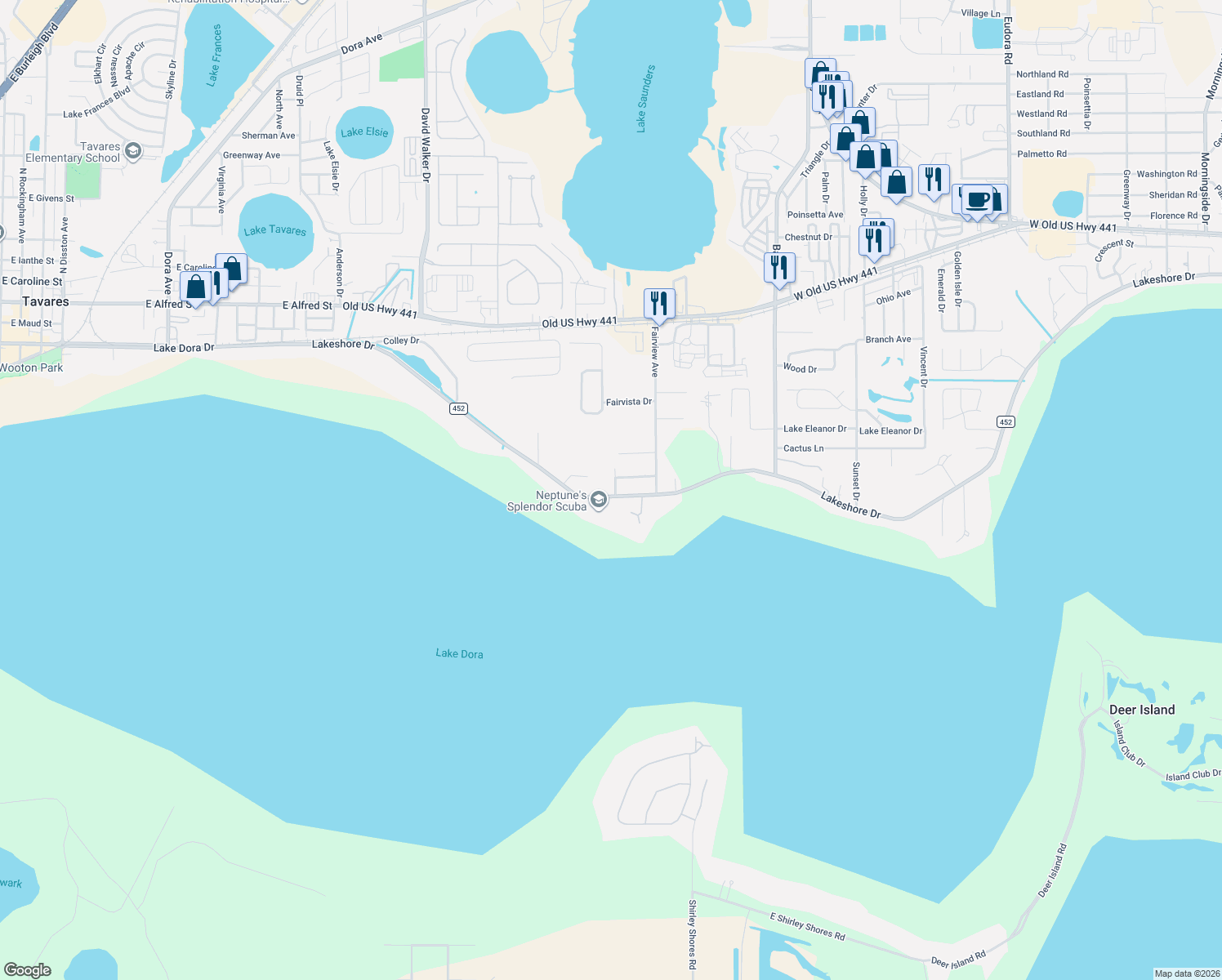 map of restaurants, bars, coffee shops, grocery stores, and more near 32520 Lakeshore Drive in Tavares