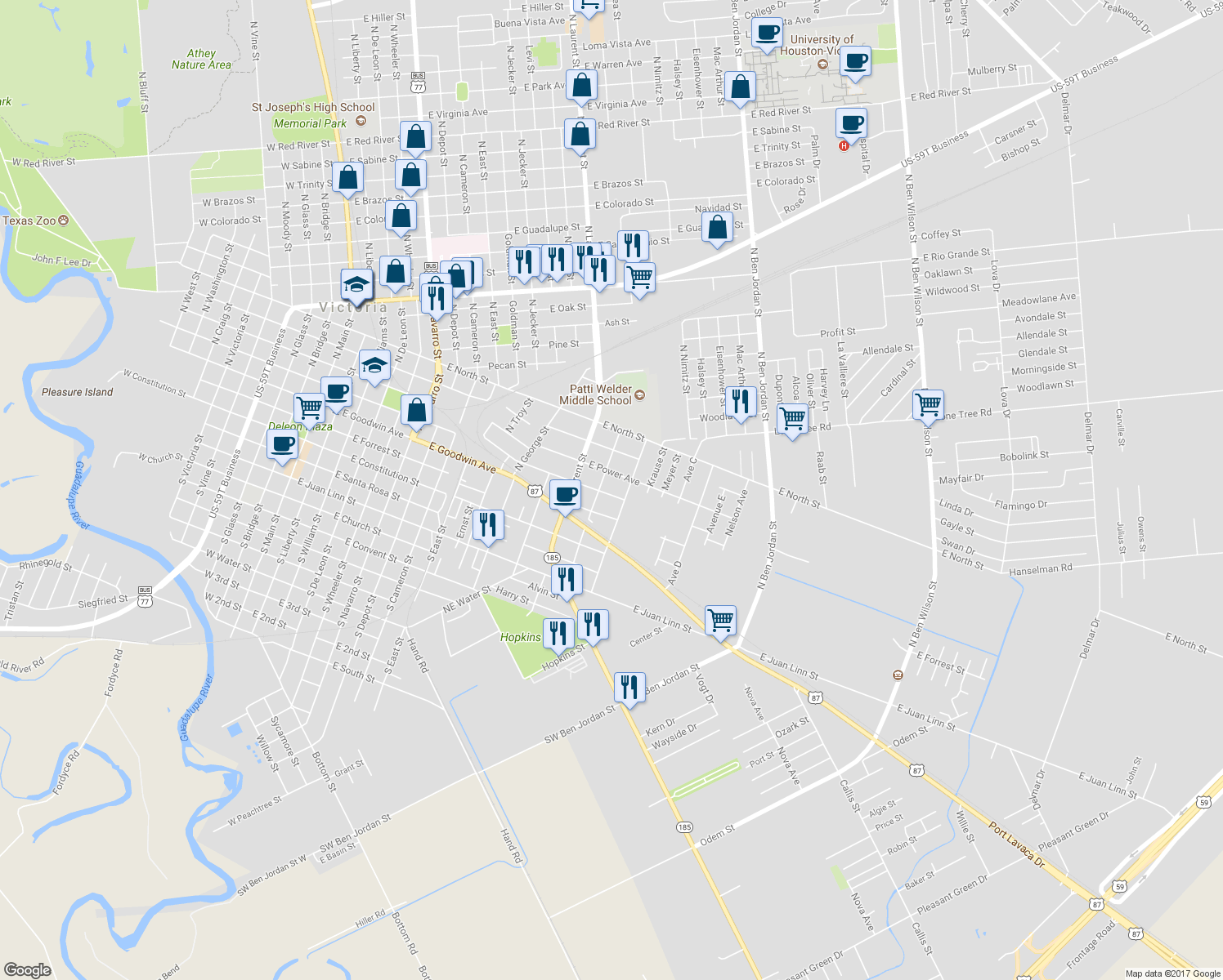 map of restaurants, bars, coffee shops, grocery stores, and more near 1608 East Commercial Street in Victoria