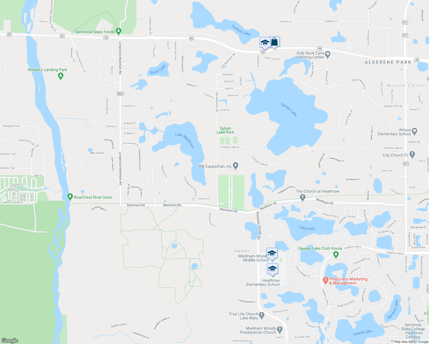 map of restaurants, bars, coffee shops, grocery stores, and more near 1870 Lake Markham Road in Sanford