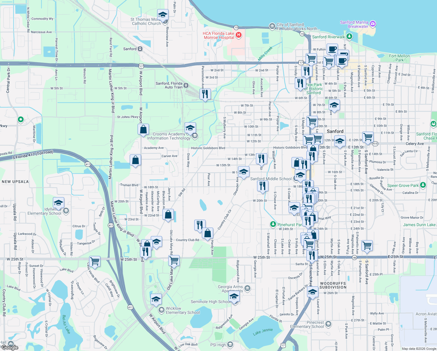 map of restaurants, bars, coffee shops, grocery stores, and more near 1803 West 16th Street in Sanford