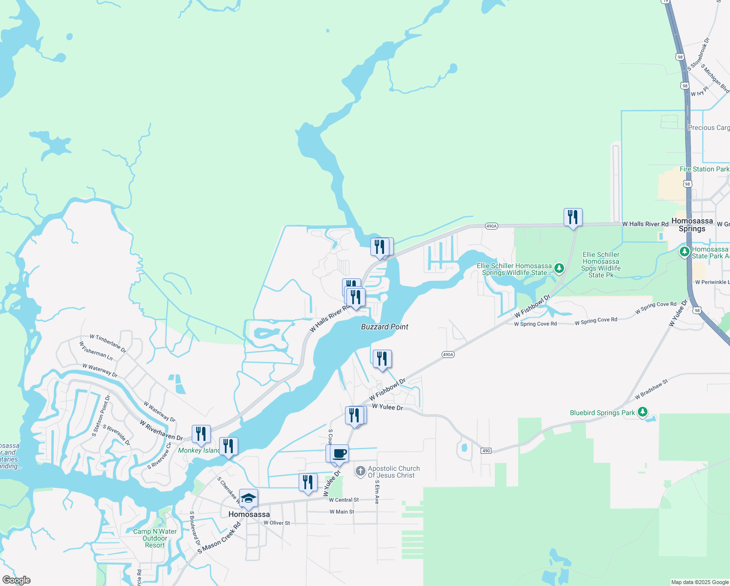 map of restaurants, bars, coffee shops, grocery stores, and more near 10310 West Blue Springs Court in Homosassa