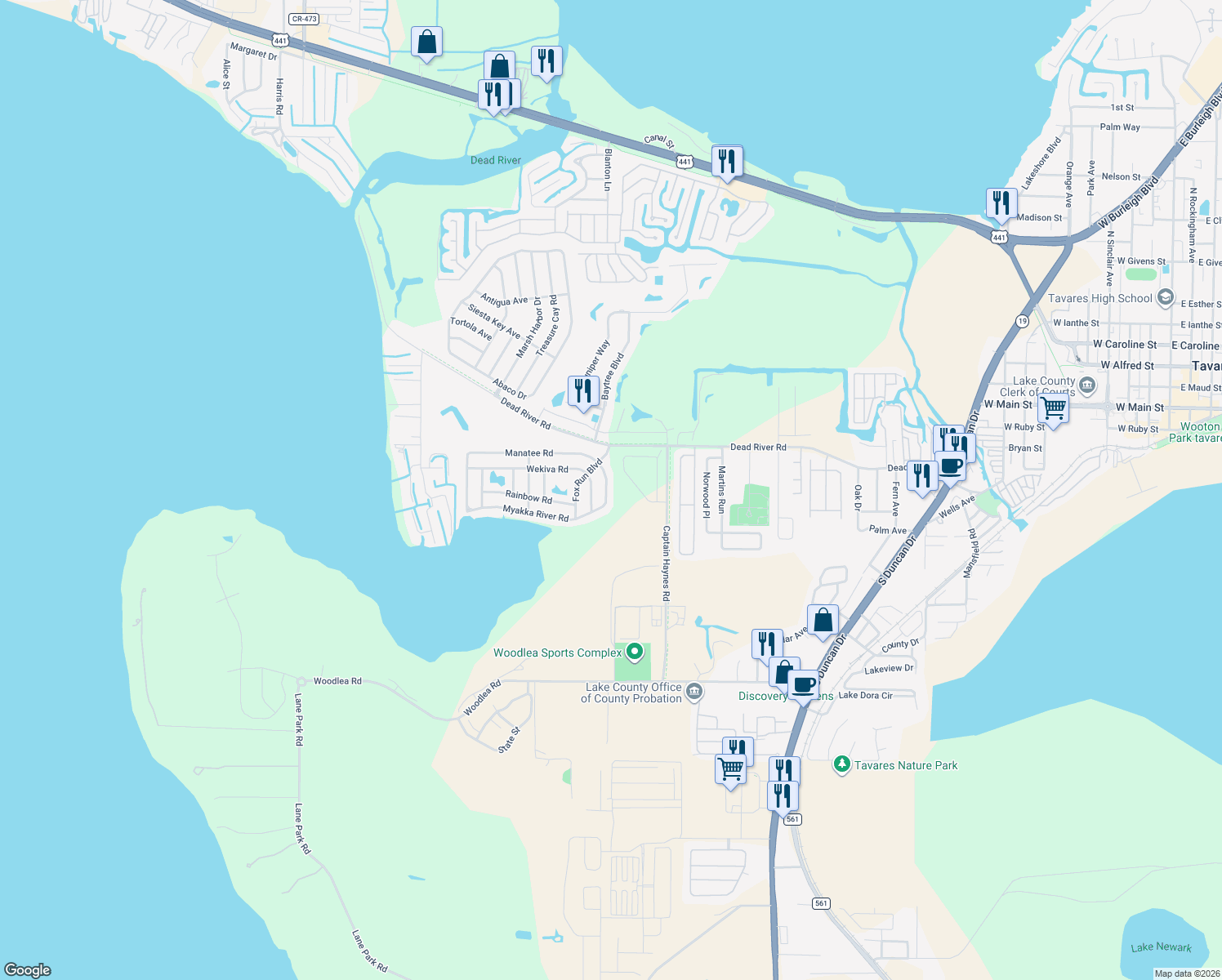 map of restaurants, bars, coffee shops, grocery stores, and more near 2824 Manatee Road in Tavares