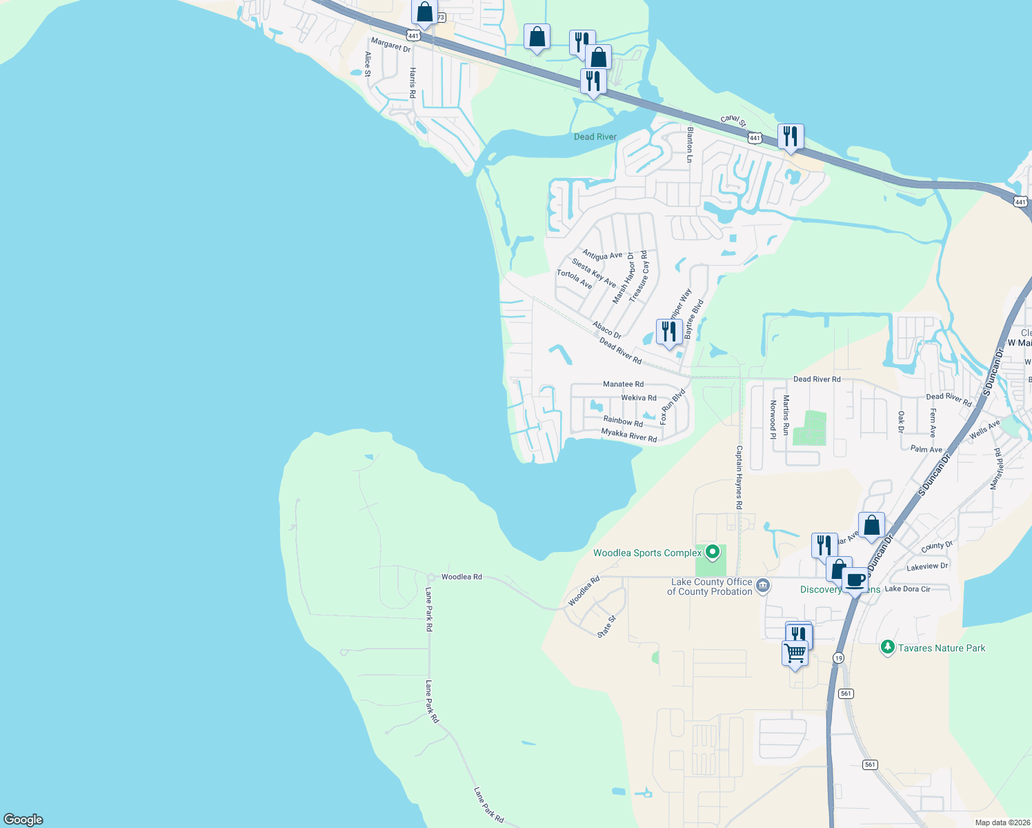 map of restaurants, bars, coffee shops, grocery stores, and more near 30835 Cypress Drive in Tavares
