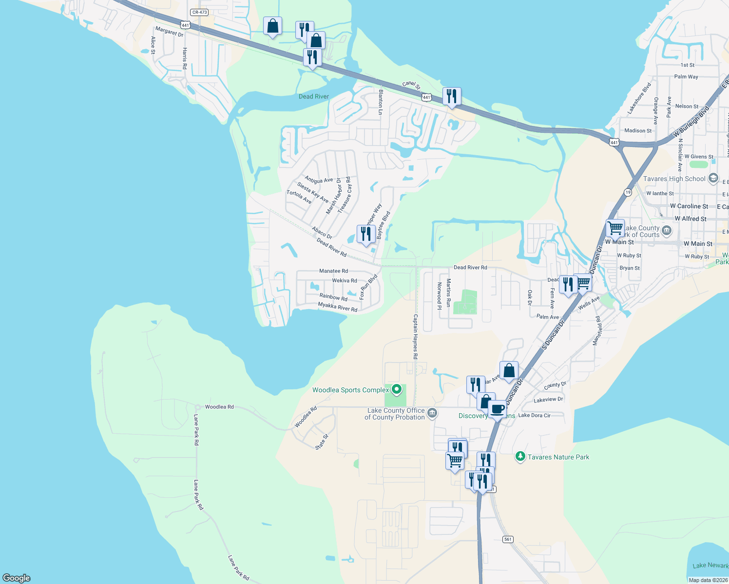 map of restaurants, bars, coffee shops, grocery stores, and more near 455 Fox Run Boulevard in Tavares