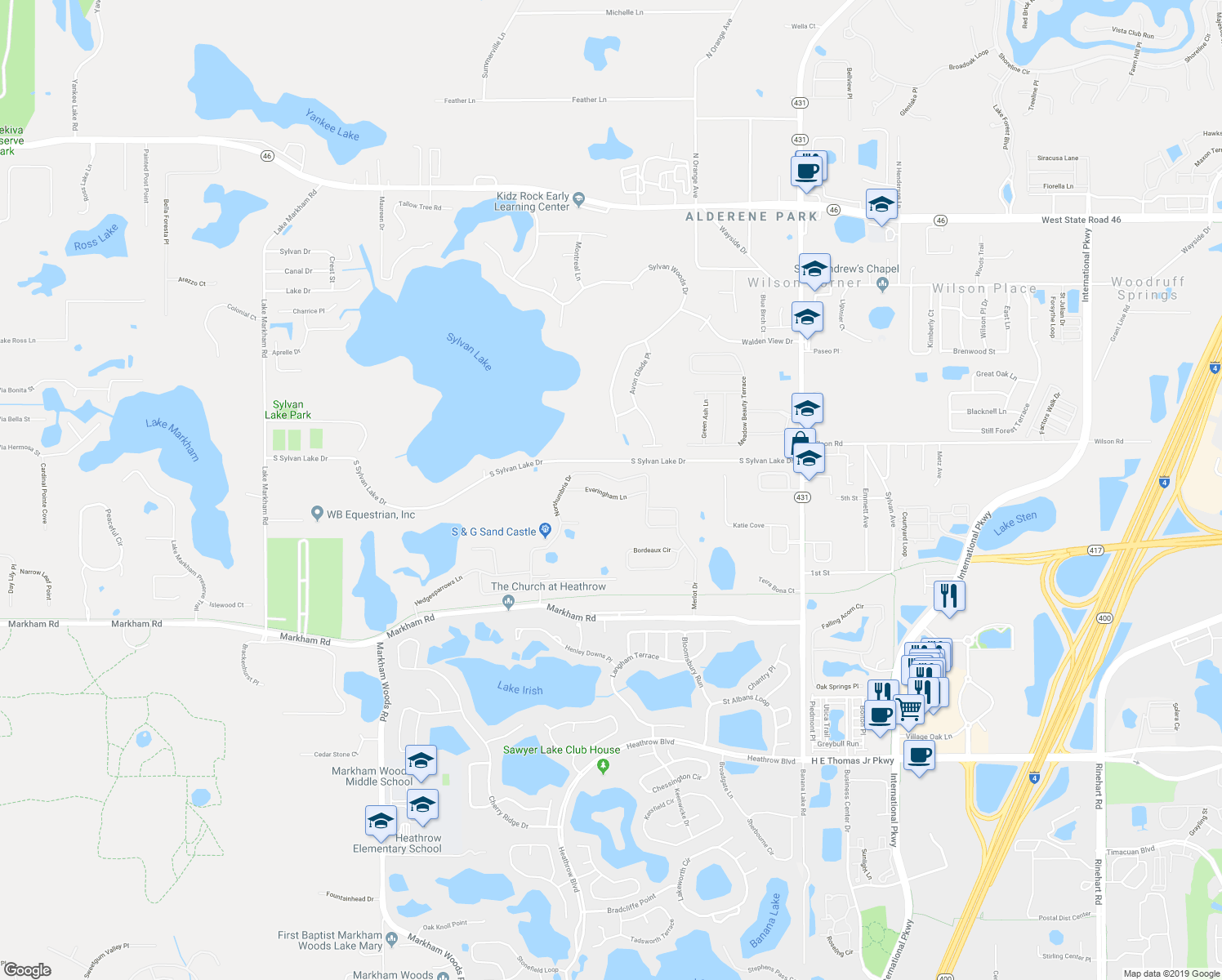 map of restaurants, bars, coffee shops, grocery stores, and more near 6508 Everingham Lane in Sanford